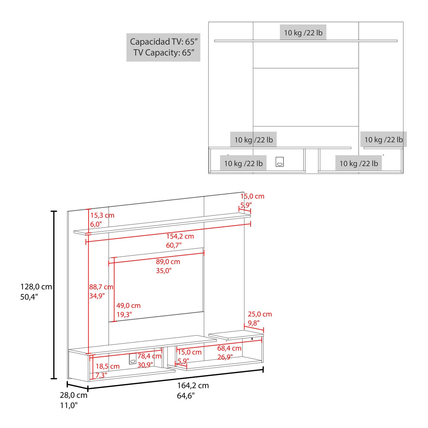 Desa 65" TV Stand with 5 Open Shelves, Modern Media Console for Living Room Entertainment Storage