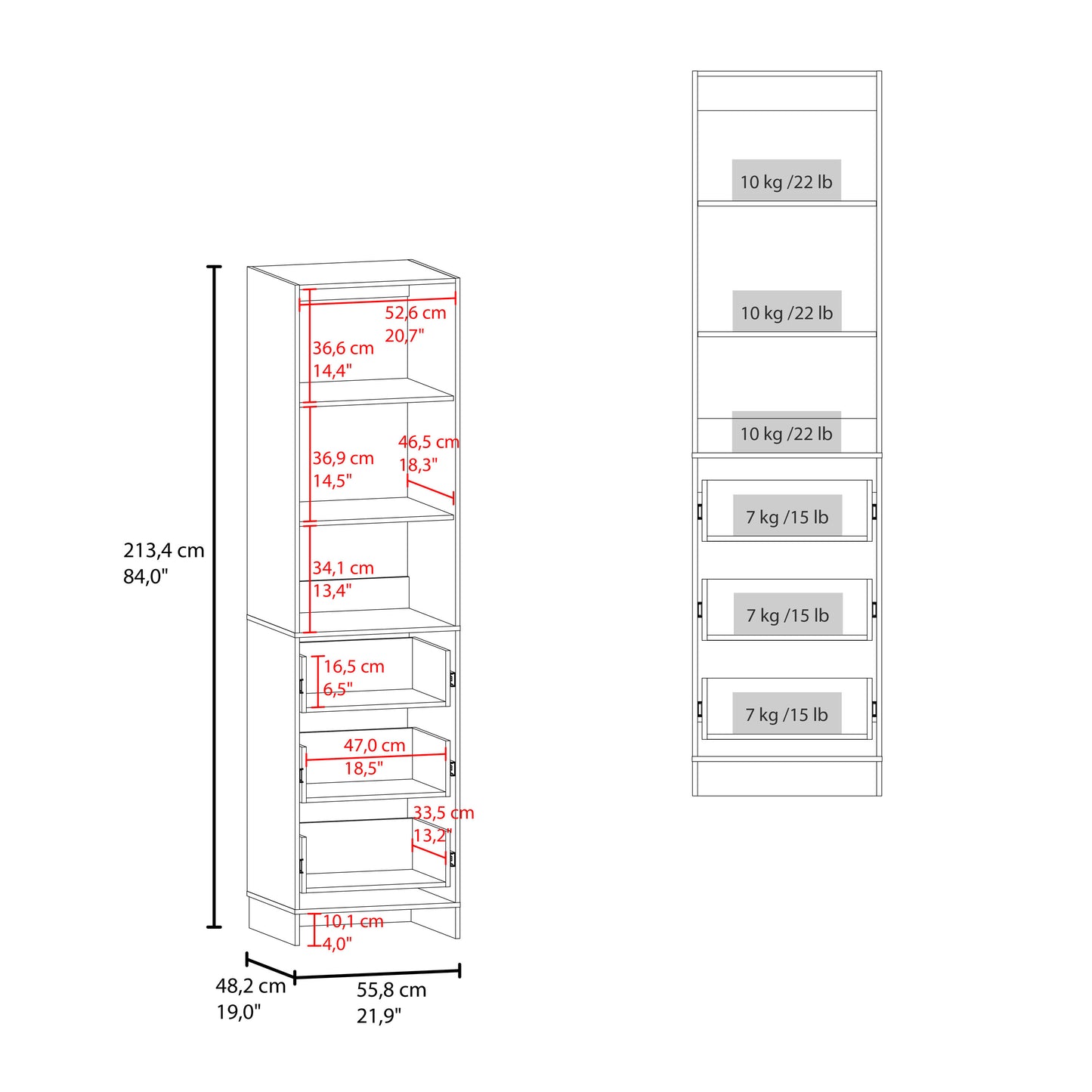 Eco Closet Free-Standing Wardrobe Tower with 3 Spacious Drawers, Open Shelves for Clothes, Bedroom Storage Organizer, Vertical Closet System for Small Spaces, Modern Space-Saving Clothing Cabinet