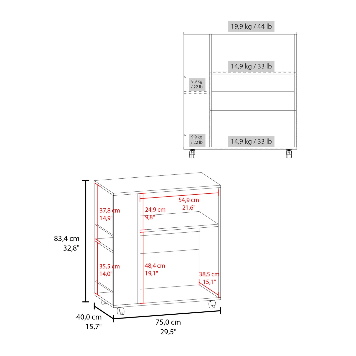 Kitchen Cart Eldon, Base Cabinet with Four Shelves