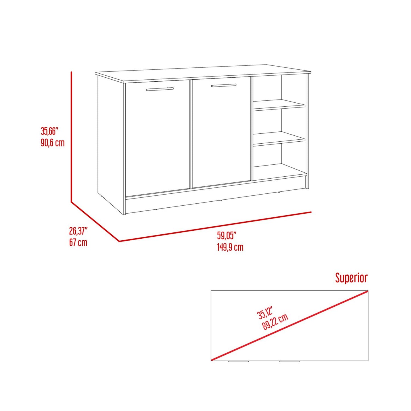 Kitchen Island Ginger with 3 Shelves and Two Doors