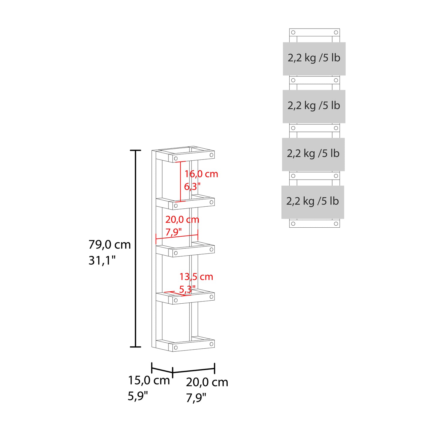 Arlington 5-Tier Wall Towel Rack, Vertical Storage Organizer for Bathroom Towels and Accessories