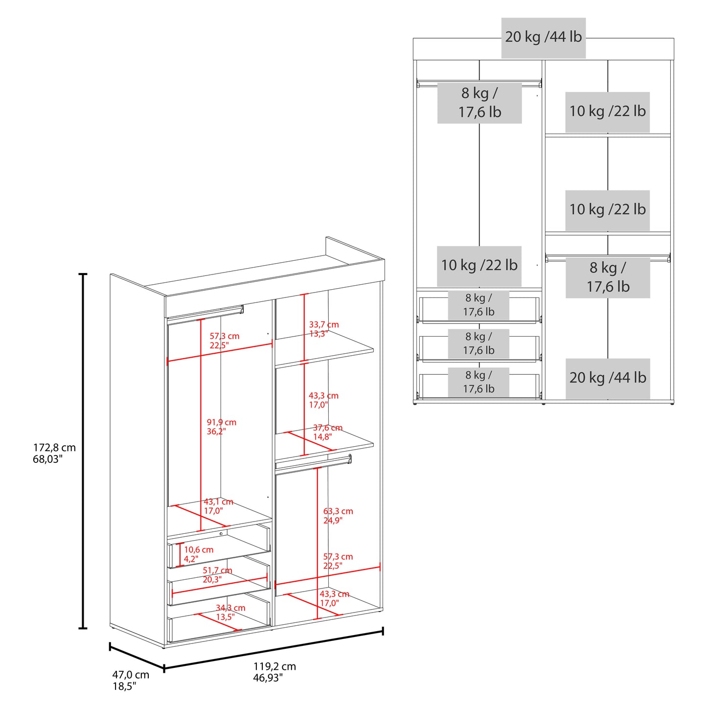 Denver Adjustable Armoire, Rods, Double Door Cabinet, Three Drawers, Two Shelves