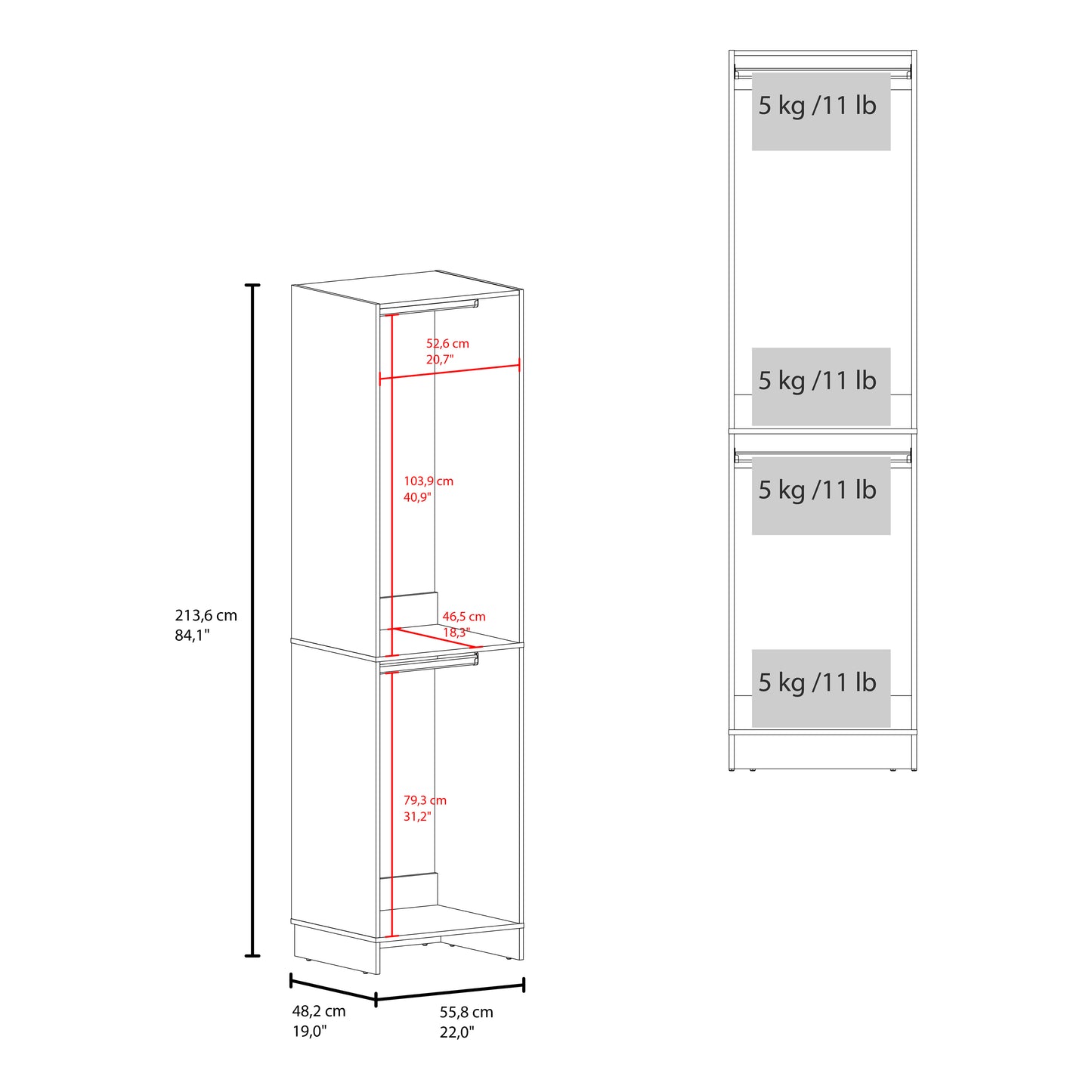 Eco Closet 2-Rod Wardrobe Organizer, Double Hanging Sections with Open Shelf, Space-Saving Freestanding Closet System, Engineered Wood