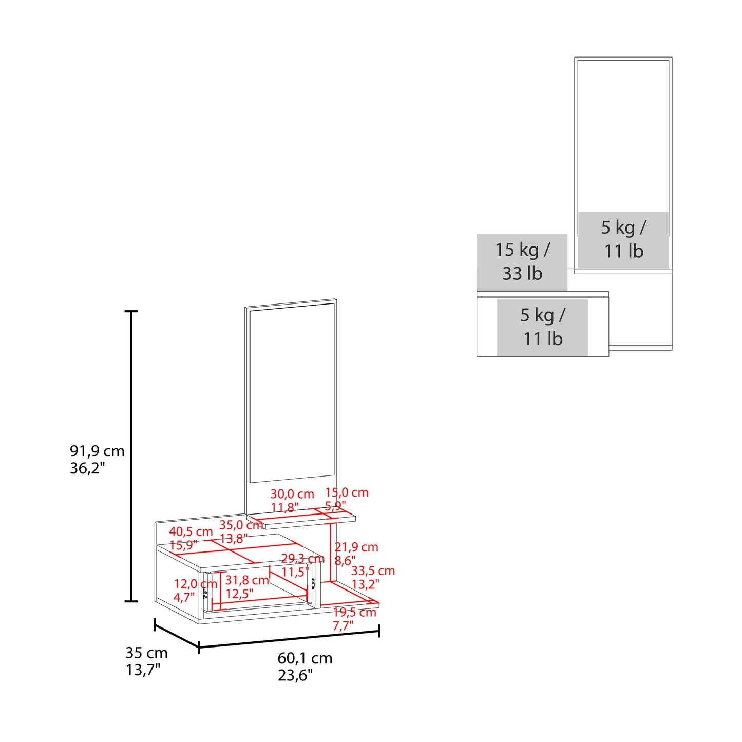 Vienna 23.6" Wide 3-Tier Shelf  Floating  Mirror Console Table, Full Extension Drawer