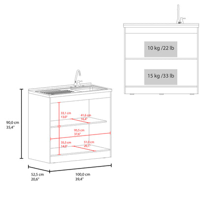 Napoles Utility Sink with Faucet Inclued and Integrated Steel Counter top, Freestanding cabinet with two doors, Metal Handles and Two interior shelves.