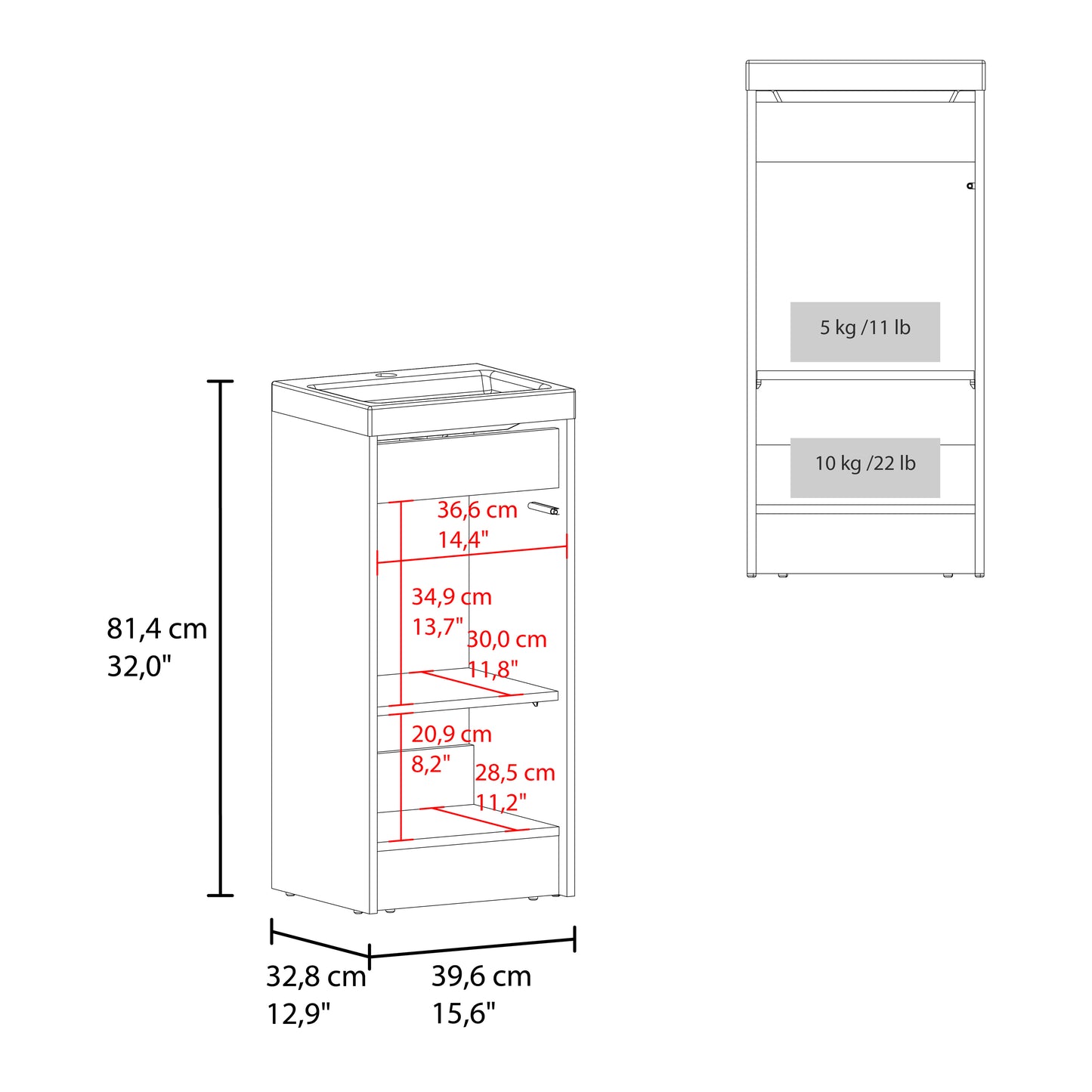 Syracuce Floorstanding Bathroom Vanity and Cabinet with Resin Sink, Compact Bathroom Storage with One Door and 2 Interior Shelves