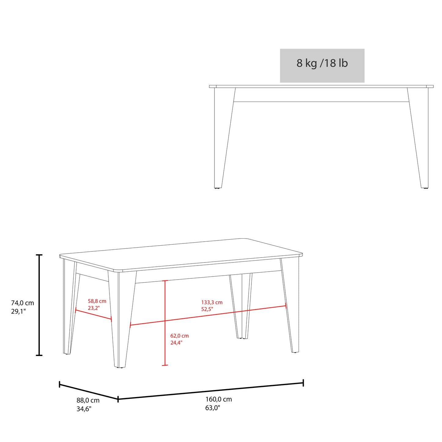 Torino Rectangular Dining Table, Four People Wooden Kitchen Table with Sturdy Legs