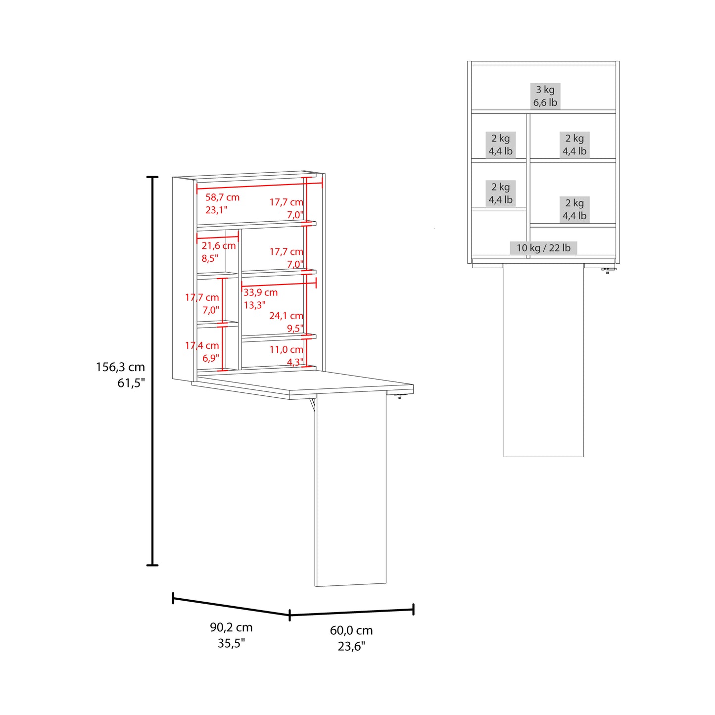 Tuhome Vatta Wall Foldable Counter Table with Multiple Shelves, Extending Surface, Space-Saving Design for Kitchen, Dining Room, or Home Office
