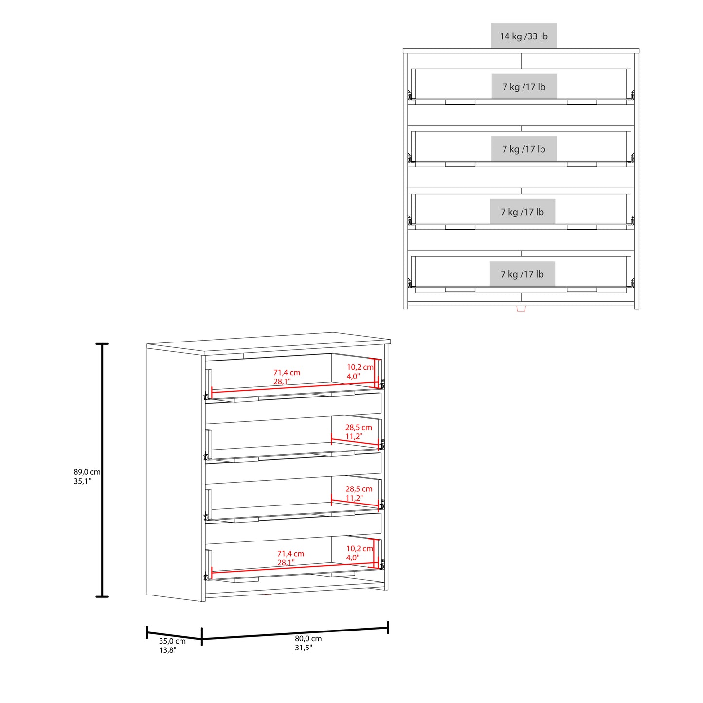 Zoe Freestanding Compact Dresser with Four Storage Drawers and Superior Top, Bedroom Storage Option