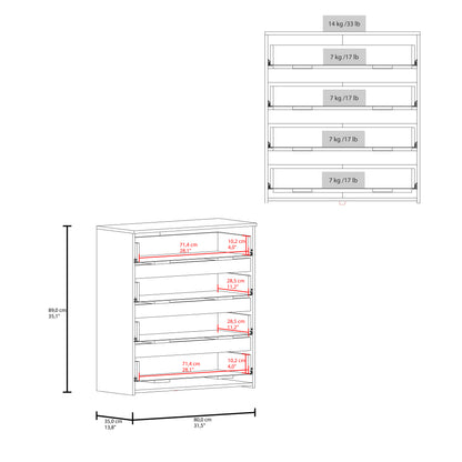 Zoe Freestanding Compact Dresser with Four Storage Drawers and Superior Top, Bedroom Storage Option