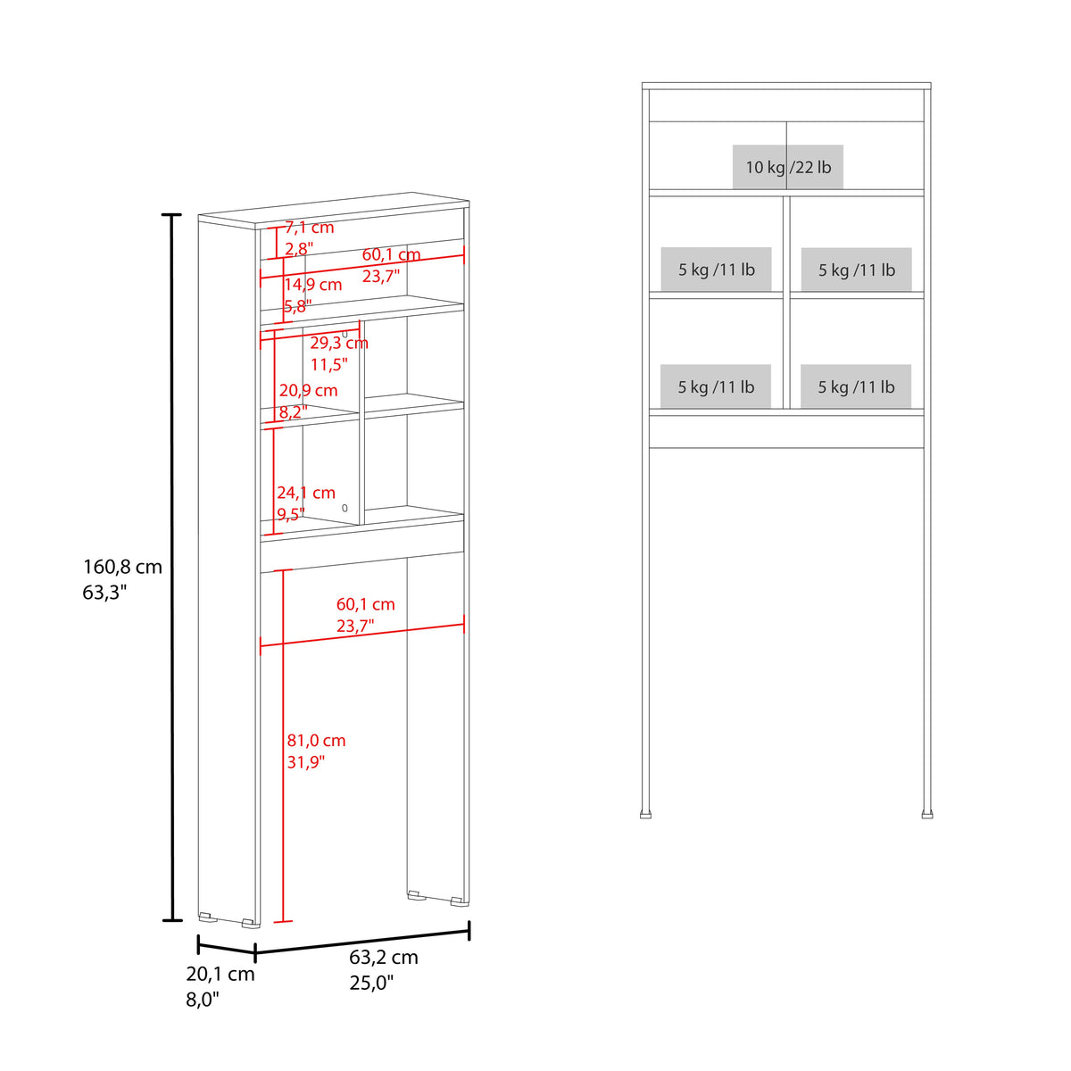 WC Over-the-Toilet Bathroom Storage Cabinet With 5 Open Display Shelves and Toilet Surround, Bathroom Storage, Avellana