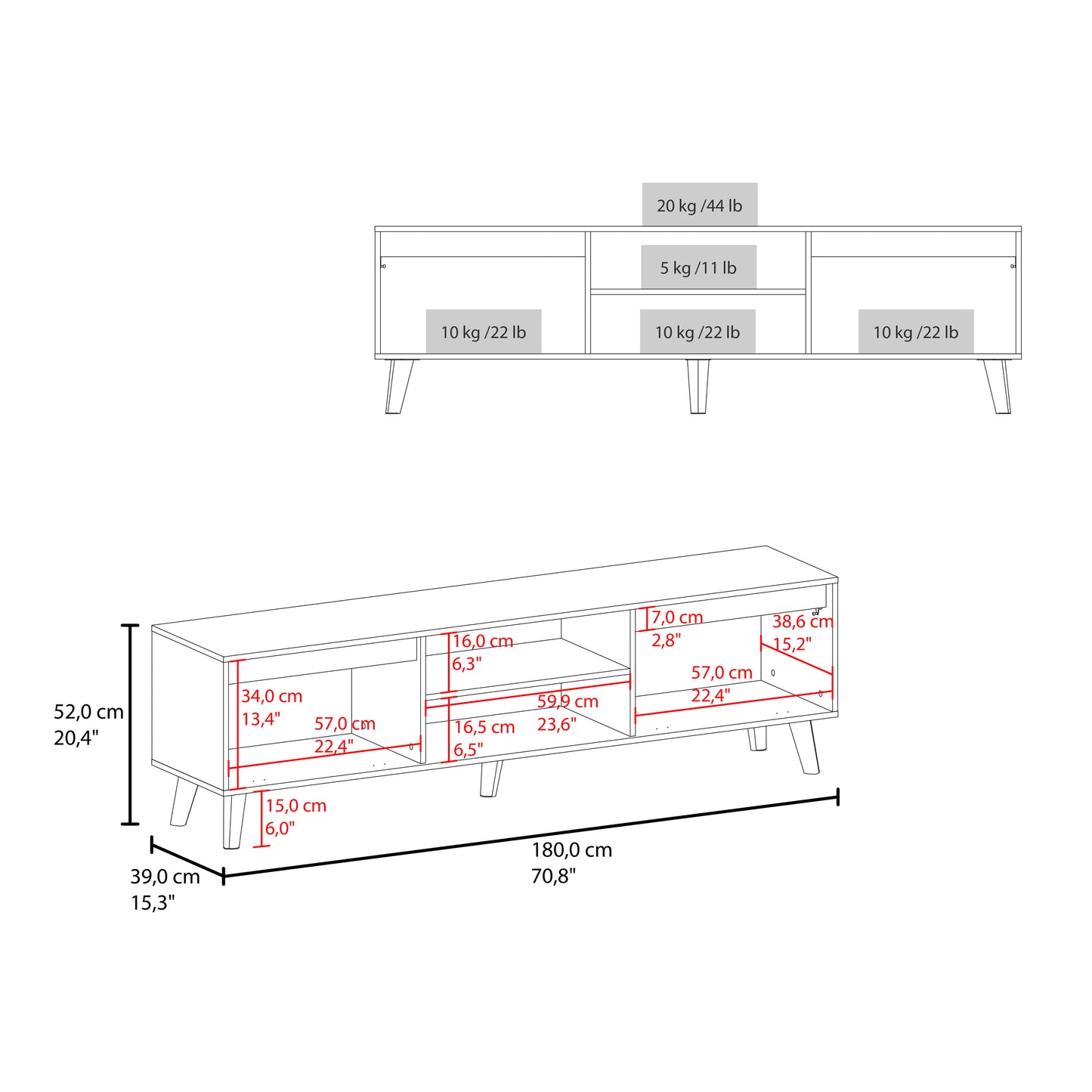Polaris TV Stand with Open Shelves, Two Storage Shelves For Media Storage and Entertainment Console, Perfect for Living Room or Bedroom