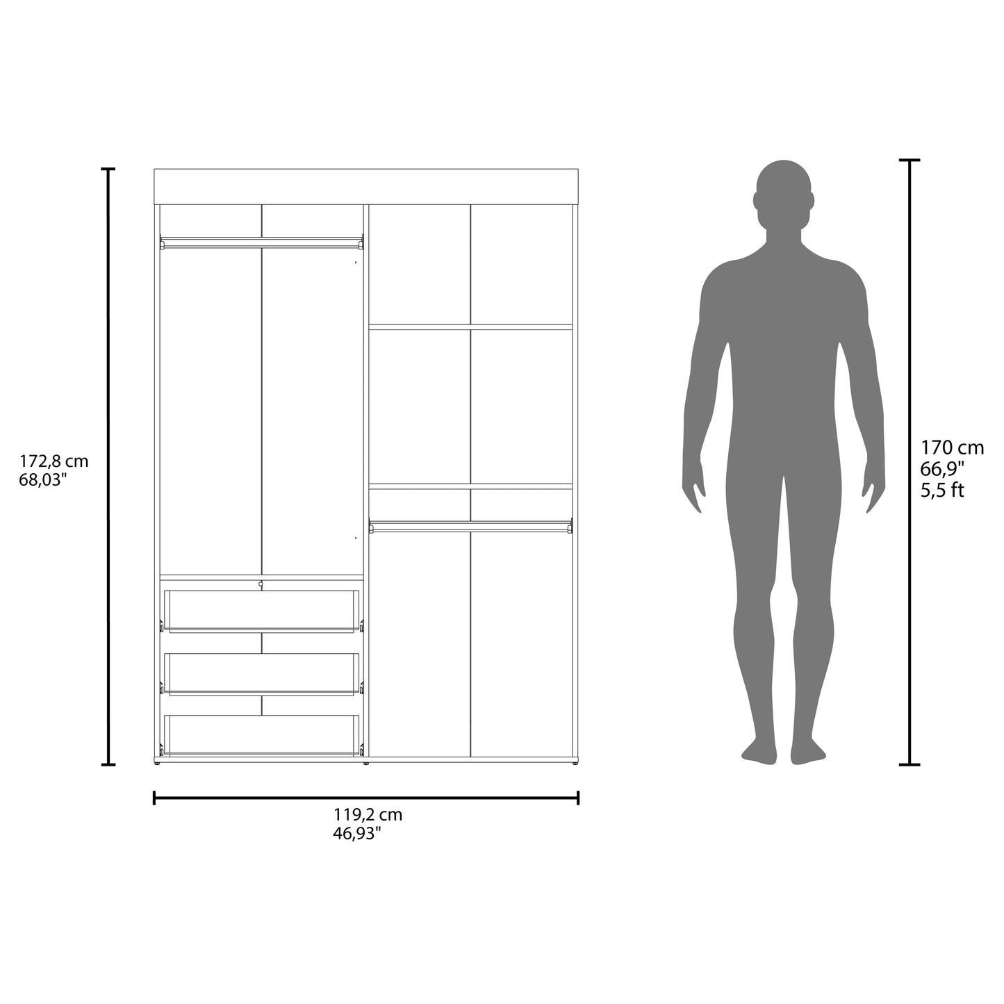 Denver Adjustable Armoire, Rods, Double Door Cabinet, Three Drawers, Two Shelves