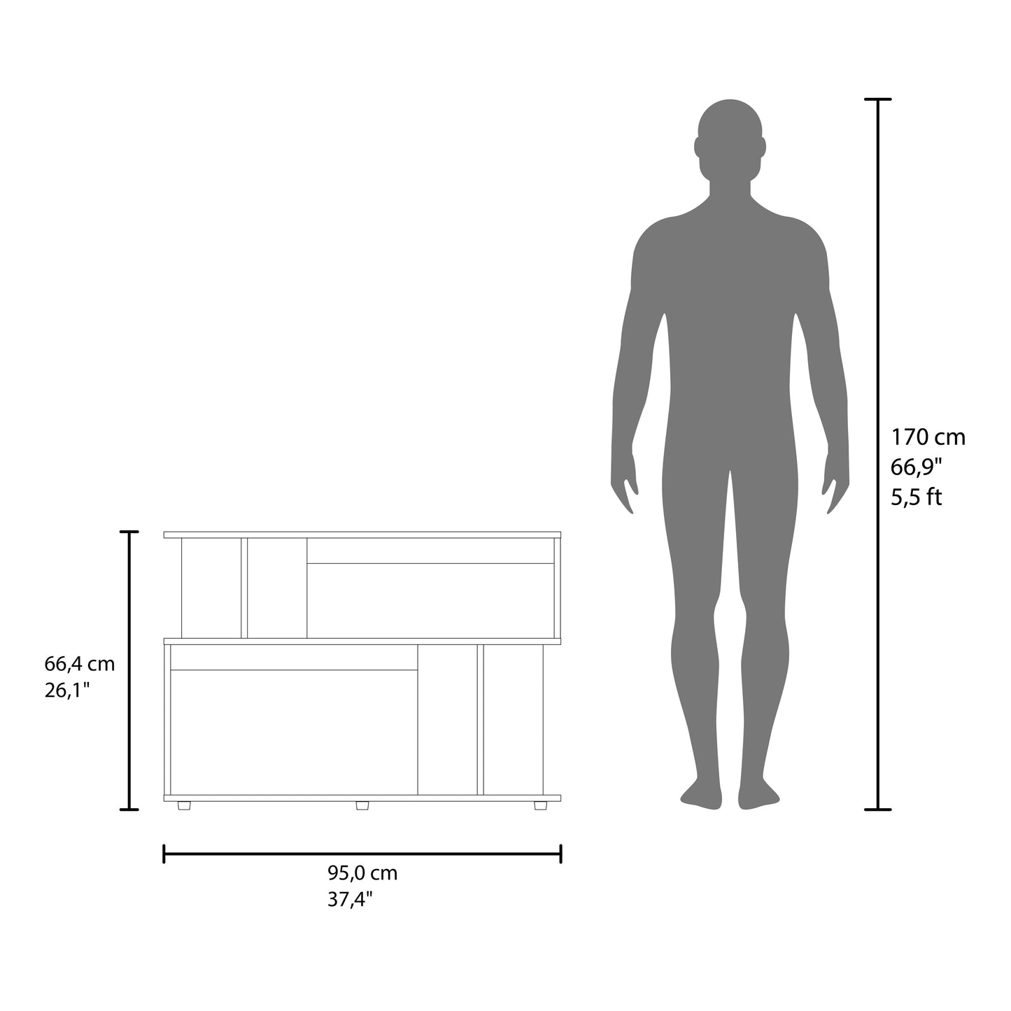 Asymmetrical Sofa SideTable with Open Storage Shelves, A Top Shelf, Modern Accent Style Table for Living Room Or Entryways