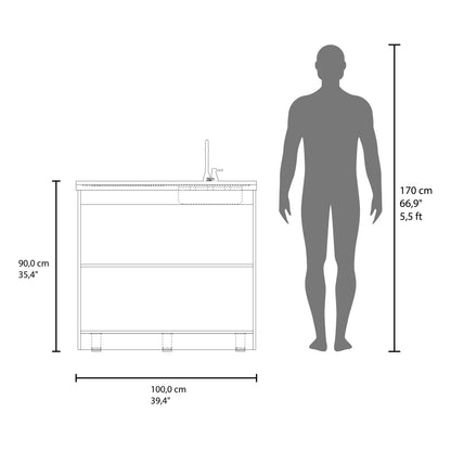 Napoles Utility Sink with Faucet Inclued and Integrated Steel Counter top and Basin, Freestanding cabinet with two doors, Metal Handles and Two interior shelves.