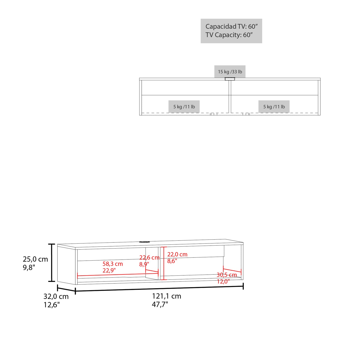 Rockwood Floating TV Stand Wall-Mounted Entertainment Shelf with Wide Top Surface, Dual Open Storage Compartments, Integrated Cable Management System and Modern Space-Saving Design for Living Rooms or Offices