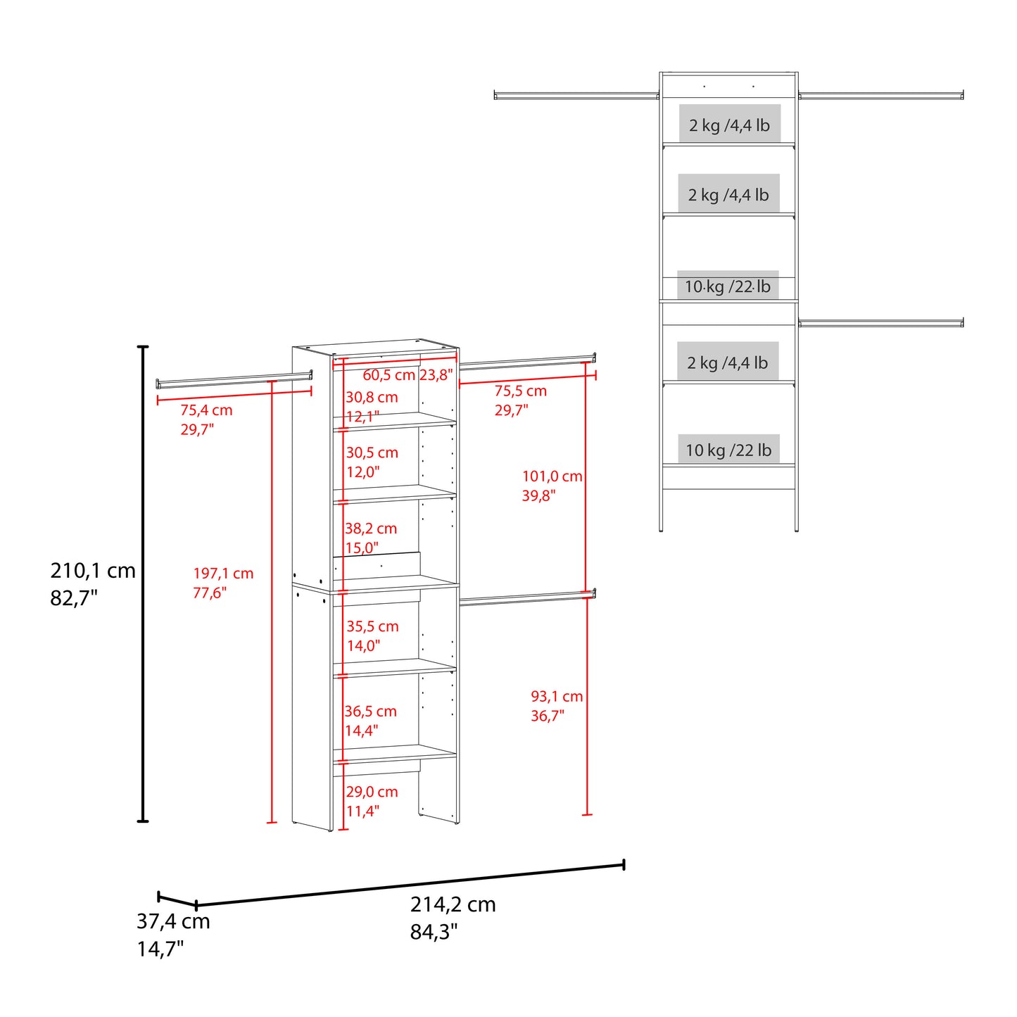 Selt Simple Walk-In Closet System with 3 Hanging Rods and 5 Open Storage Shelves, Clothes Storage Option