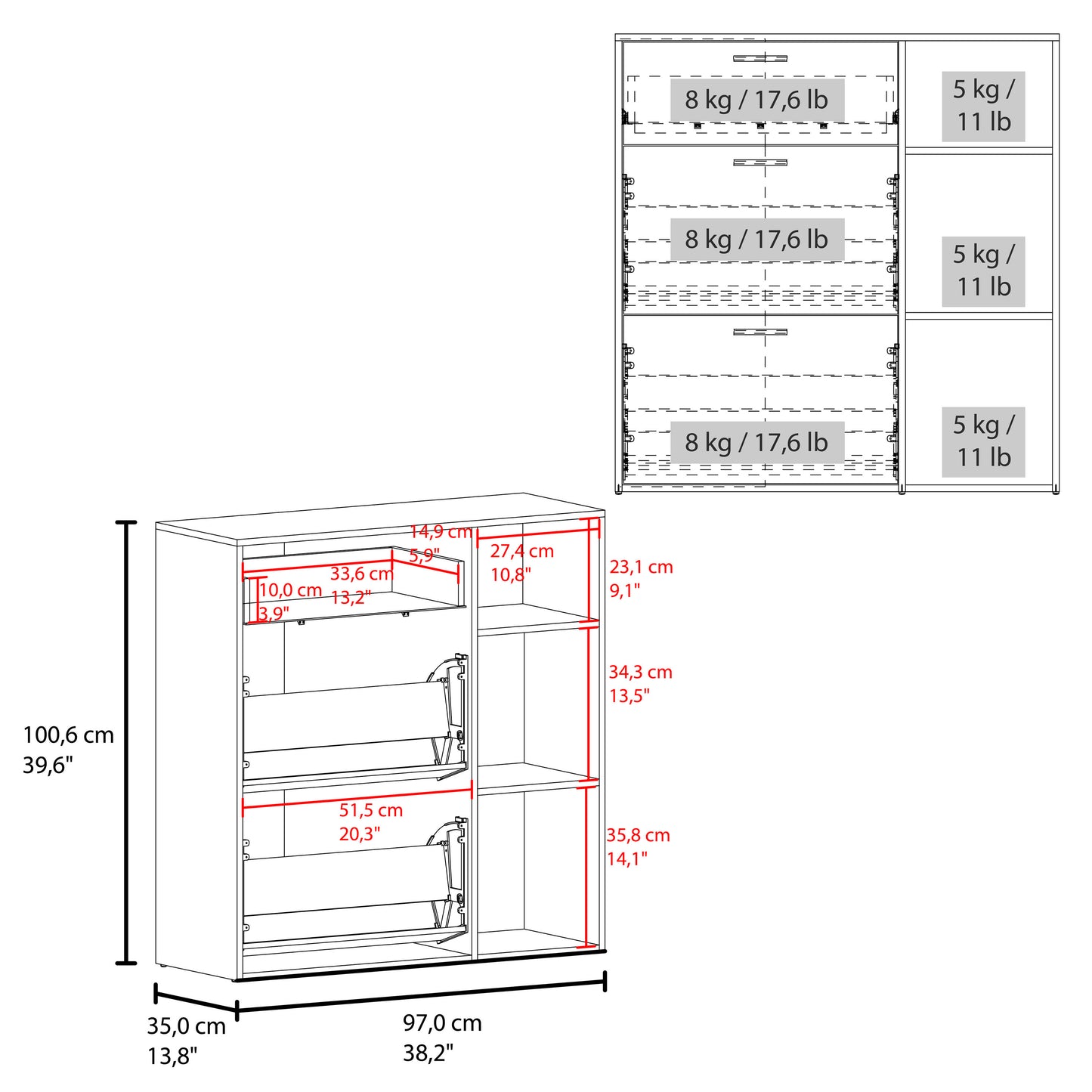 Showie 3-Door Shoe Rack with Interior Shelves And Side Shelves, One Drawer Storage Cabinet for Shoes and Accessories