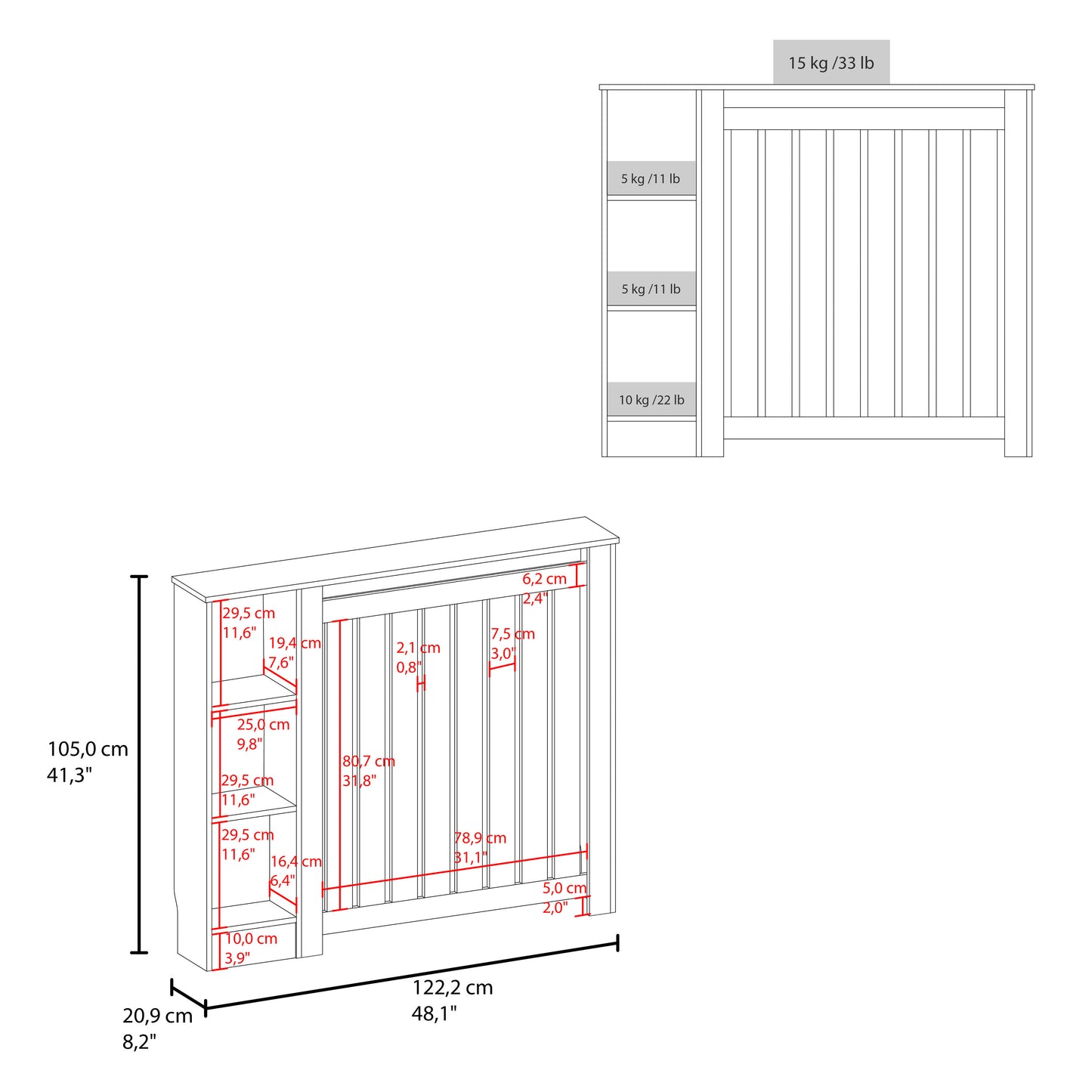 Radiator Cover Cabinet Joseph with Slatted Frame and 3 Shelves, Decorative Heater Cover, Modern Furniture Accent