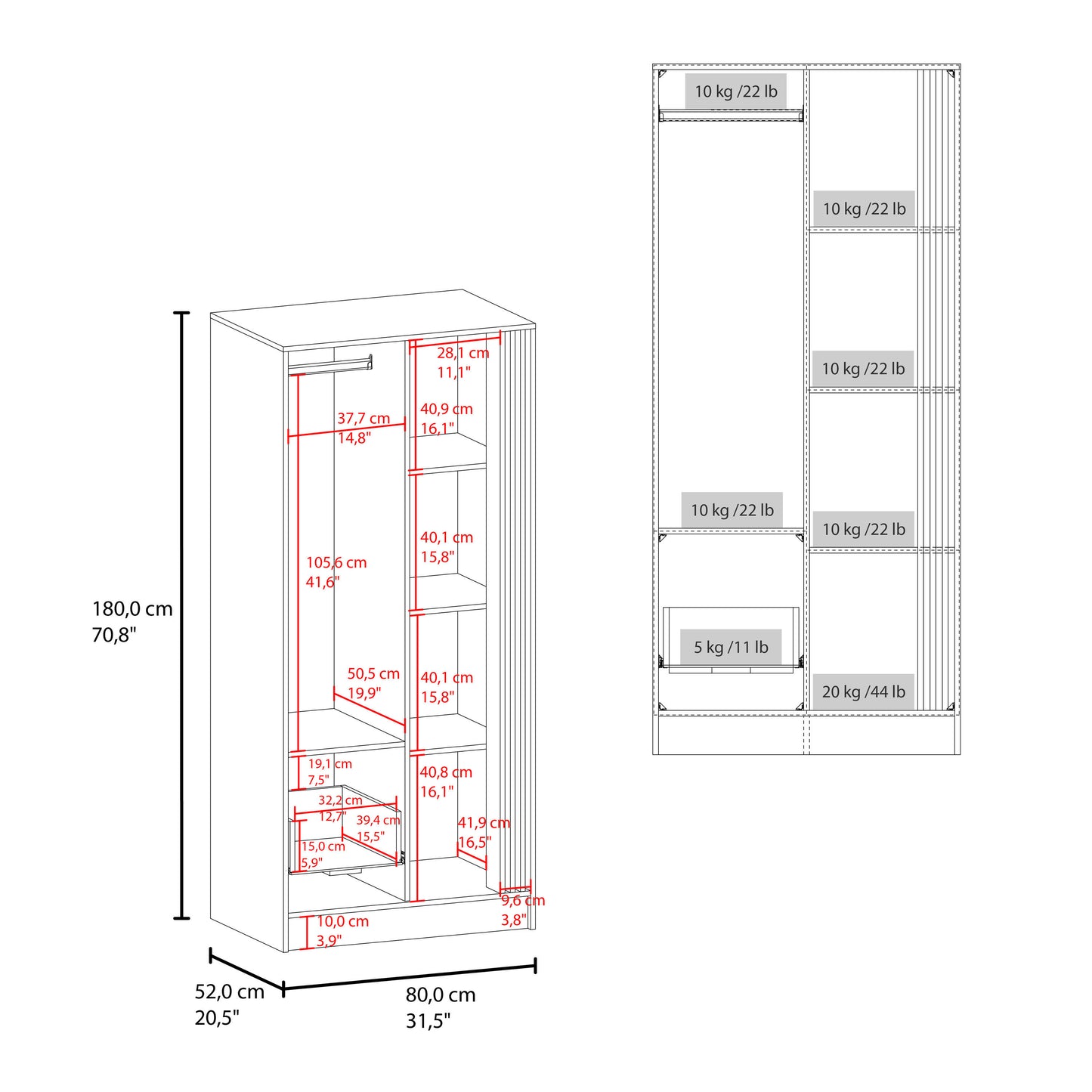 Vance Armoire With Double Doors, Interior Hanging Rod And Shelves, Freestanding Modern Wardrobe Closet