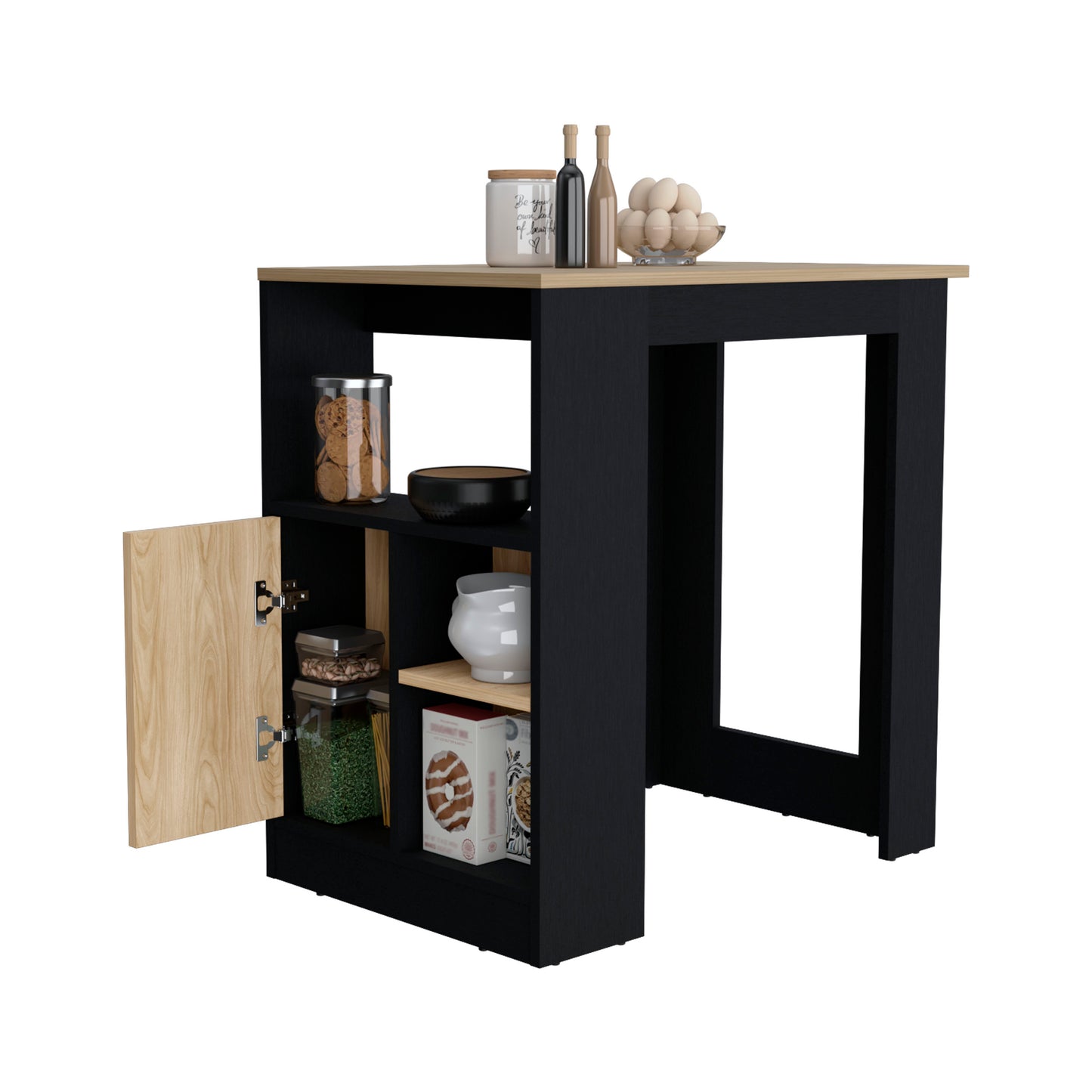 Stirling Kitchen Island with 1-Door Cabinet Push to open System and Side Shelves