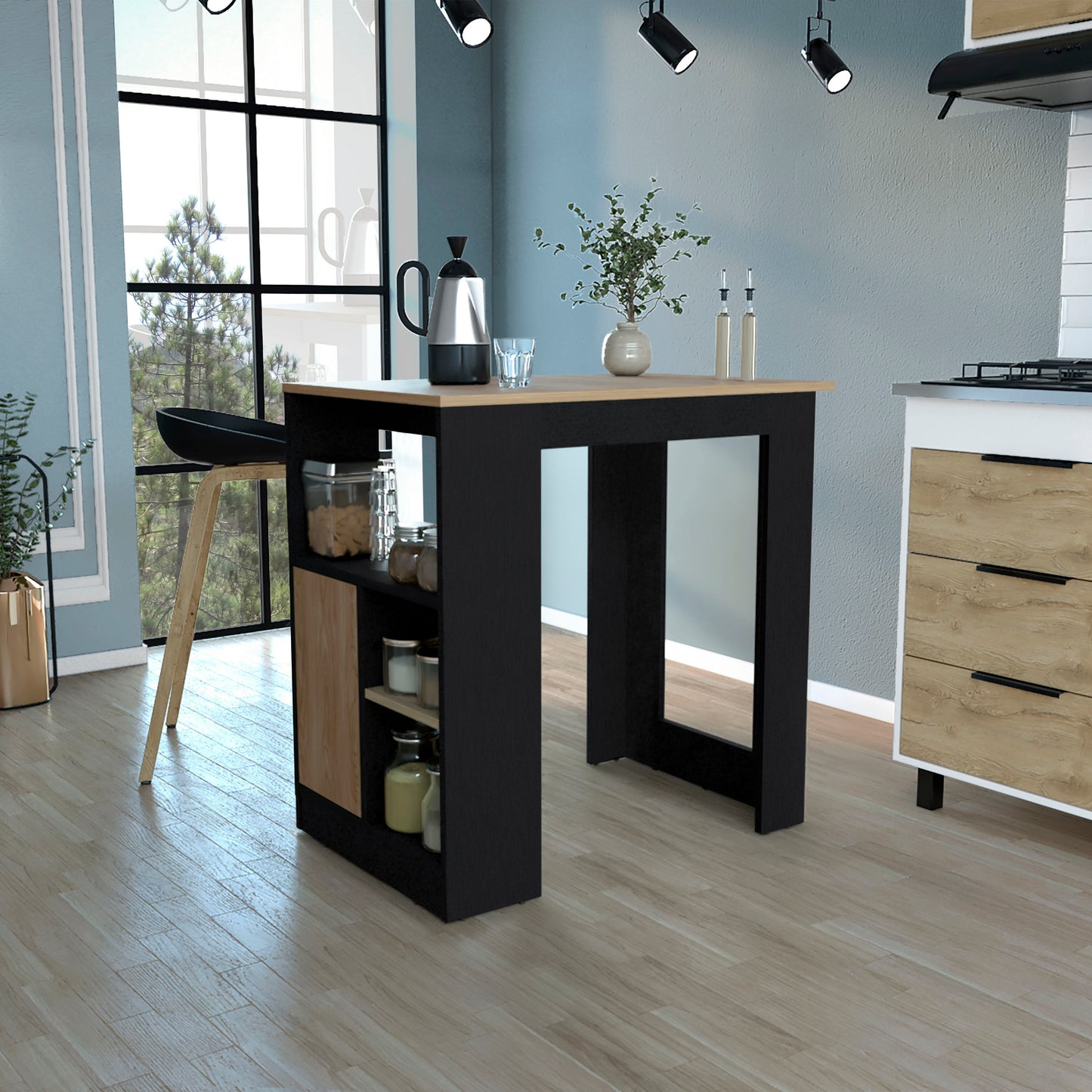 Stirling Kitchen Island with 1-Door Cabinet and Side Shelves