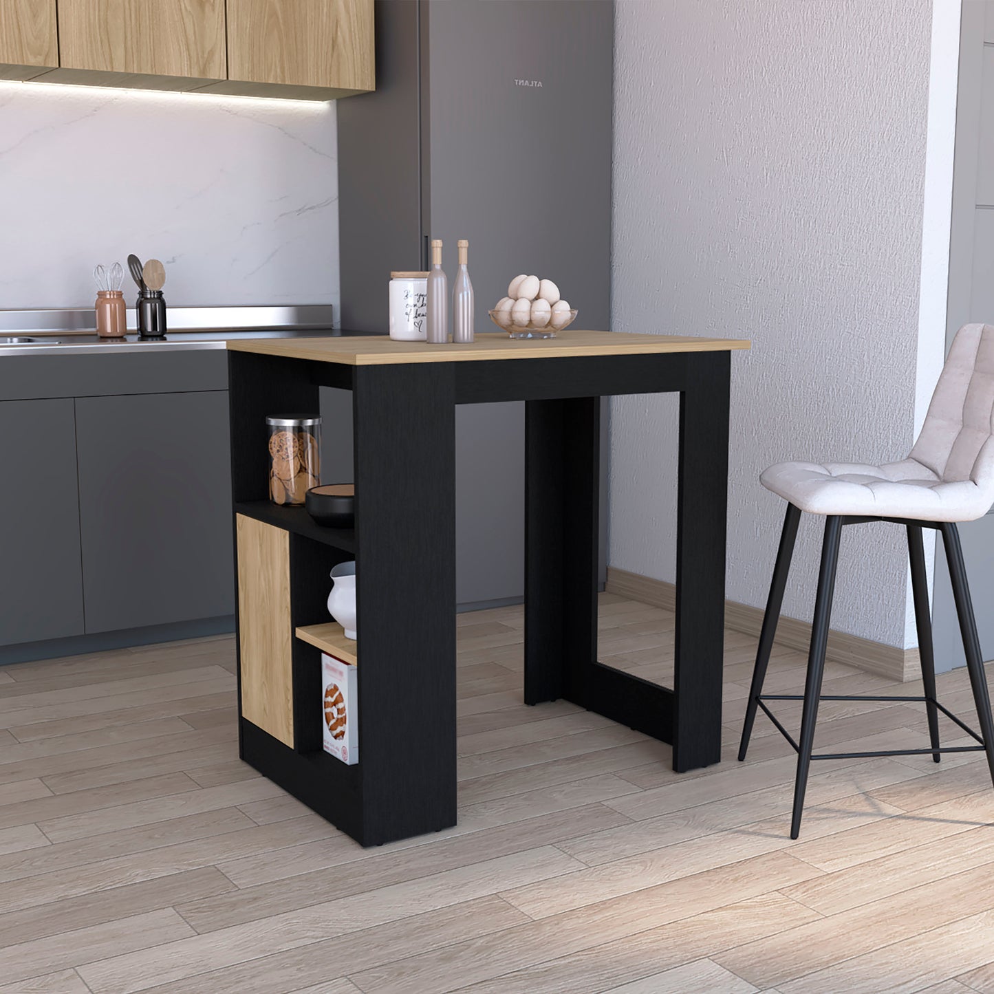 Stirling Kitchen Island with 1-Door Cabinet Push to open System and Side Shelves