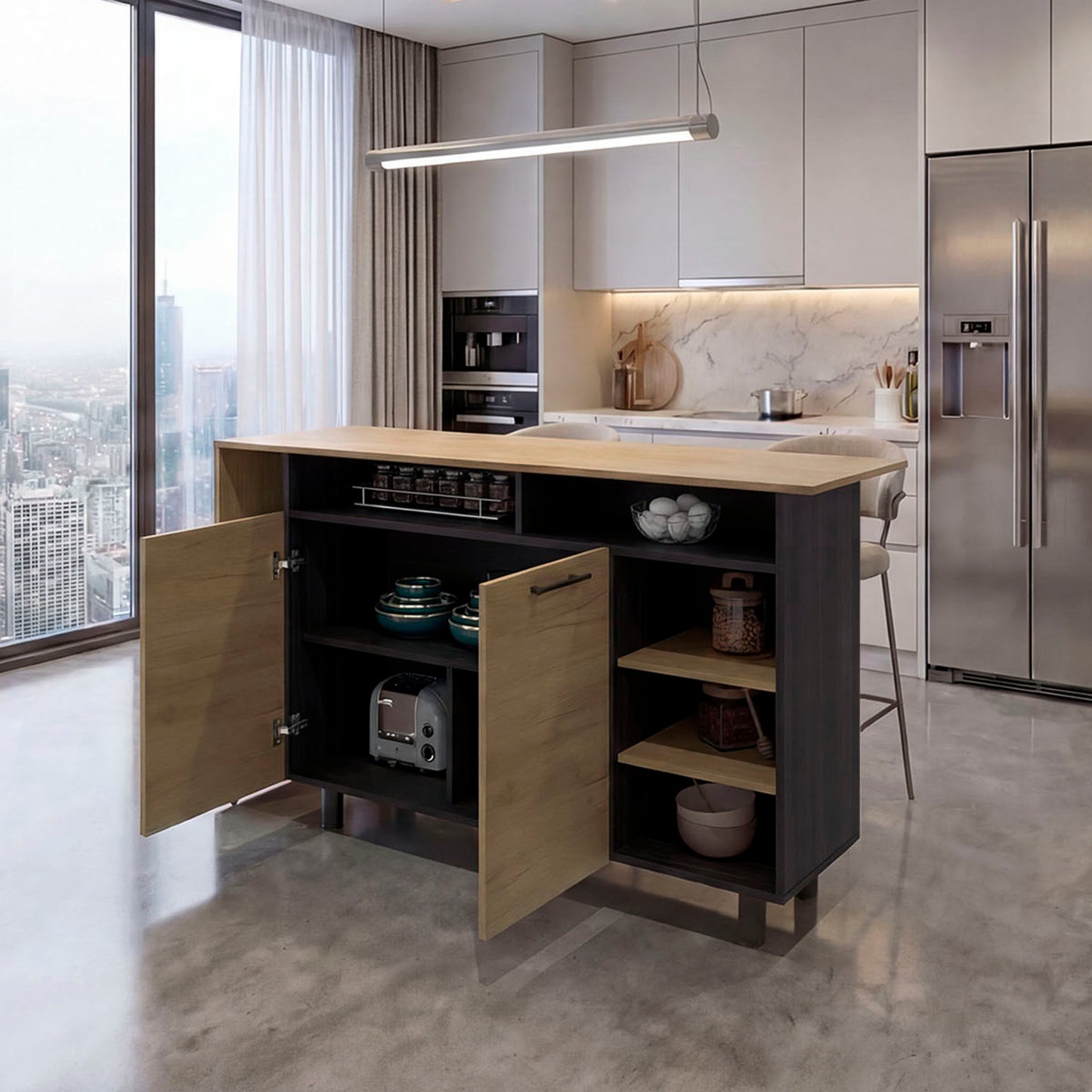 Corcega Kitchen Counter Table and Island with Open Display Shelves and 2 Door Cabinet, Manufactured Wood Sideboard