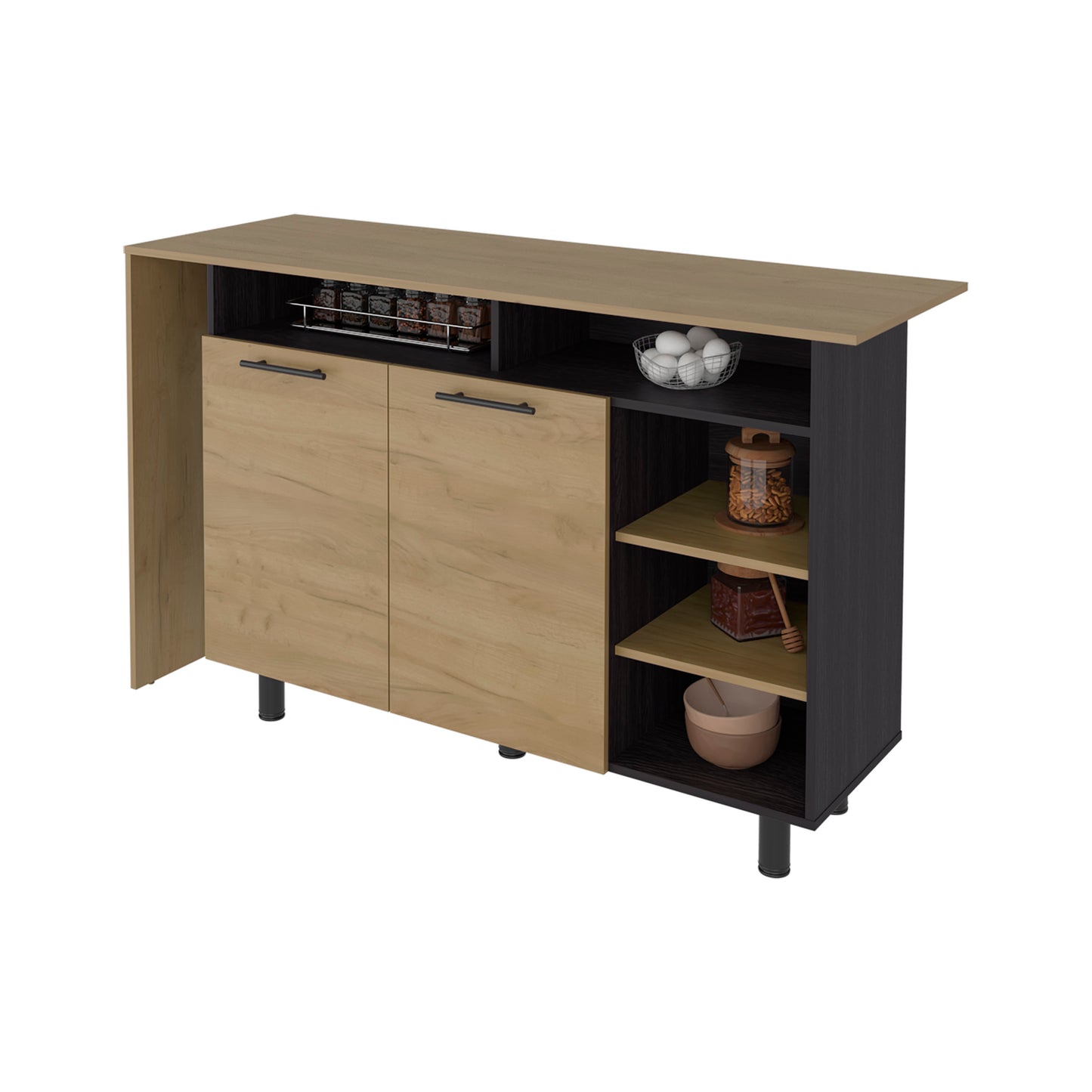 Corcega Kitchen Counter Table and Island with Open Display Shelves and 2 Door Cabinet, Manufactured Wood Sideboard