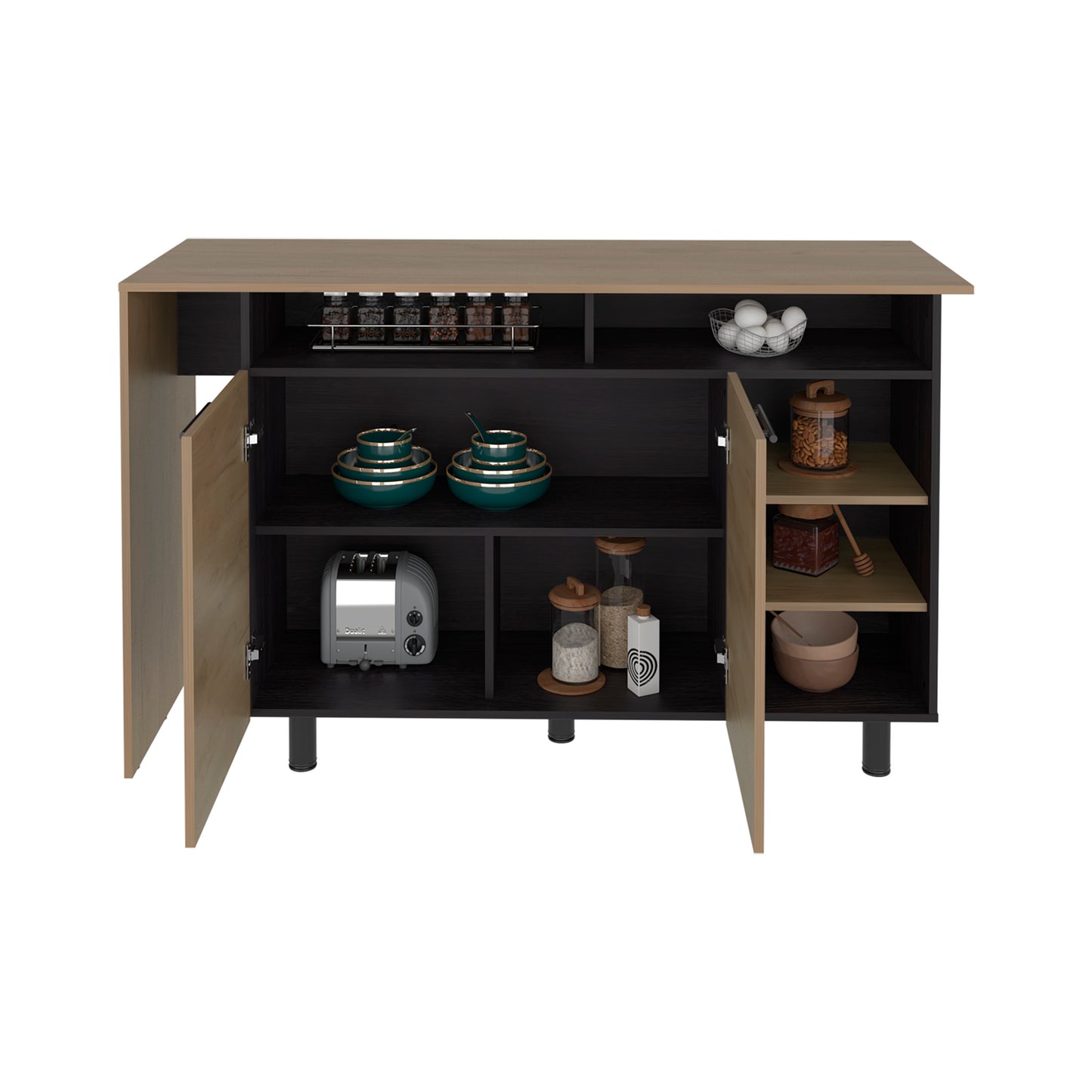 Corcega Kitchen Counter Table and Island with Open Display Shelves and 2 Door Cabinet, Manufactured Wood Sideboard