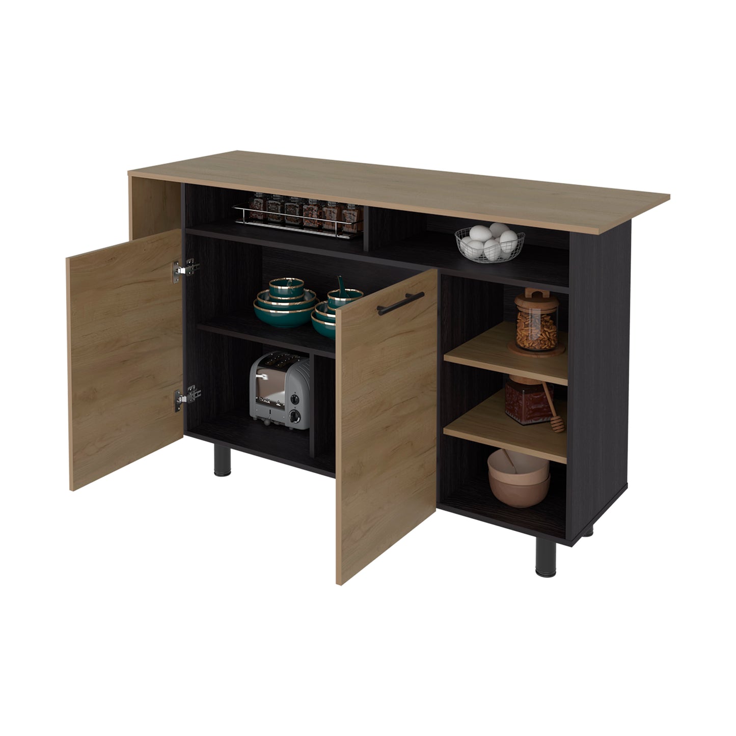 Corcega Kitchen Counter Table and Island with Open Display Shelves and 2 Door Cabinet, Manufactured Wood Sideboard