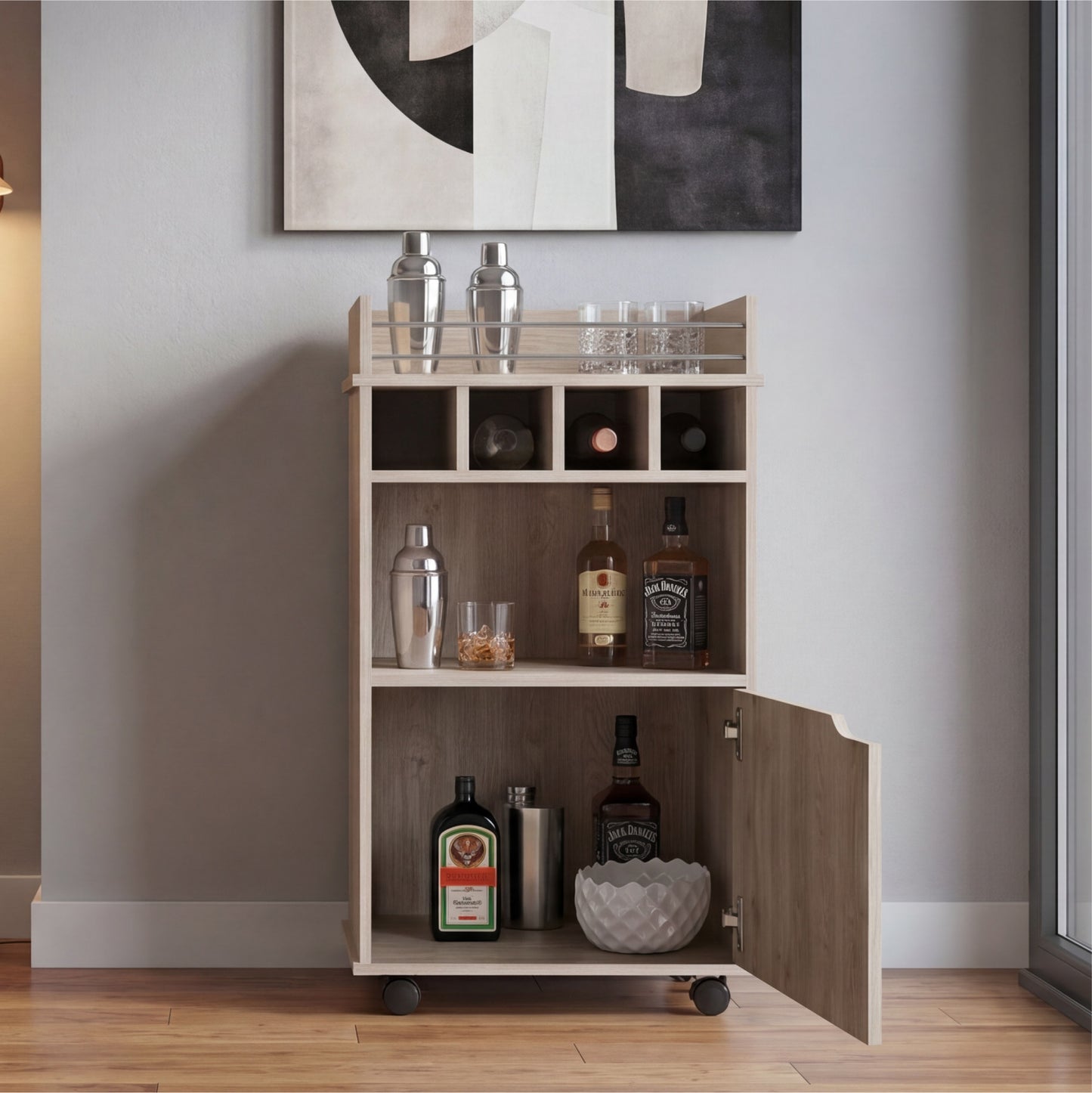 Phoenix Bar Cart with Two Open Shelves, Four Wine Cubbies and a Hinged-Door Storage Cabinet, Modern Mobile Serving Cart for Home Entertaining with Multi-Level Organization and Convenient Space-Saving Design