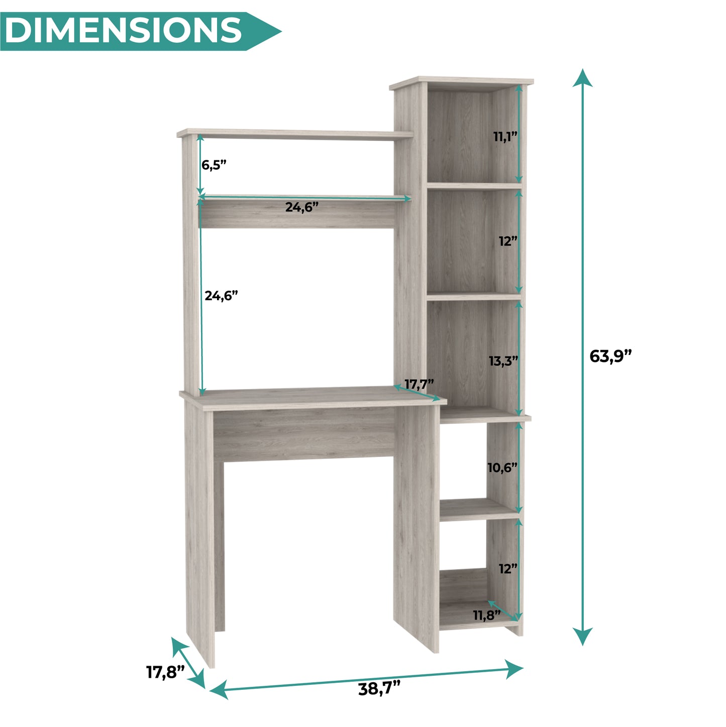 Tuhome Versalles Writing Desk with Two Superior Shelves, Five Side Open Storage Compartments, Space-Saving Modern Workstation Design for Studios and Offices, Ideal for Organization, Books, Accessories and Daily Productivity