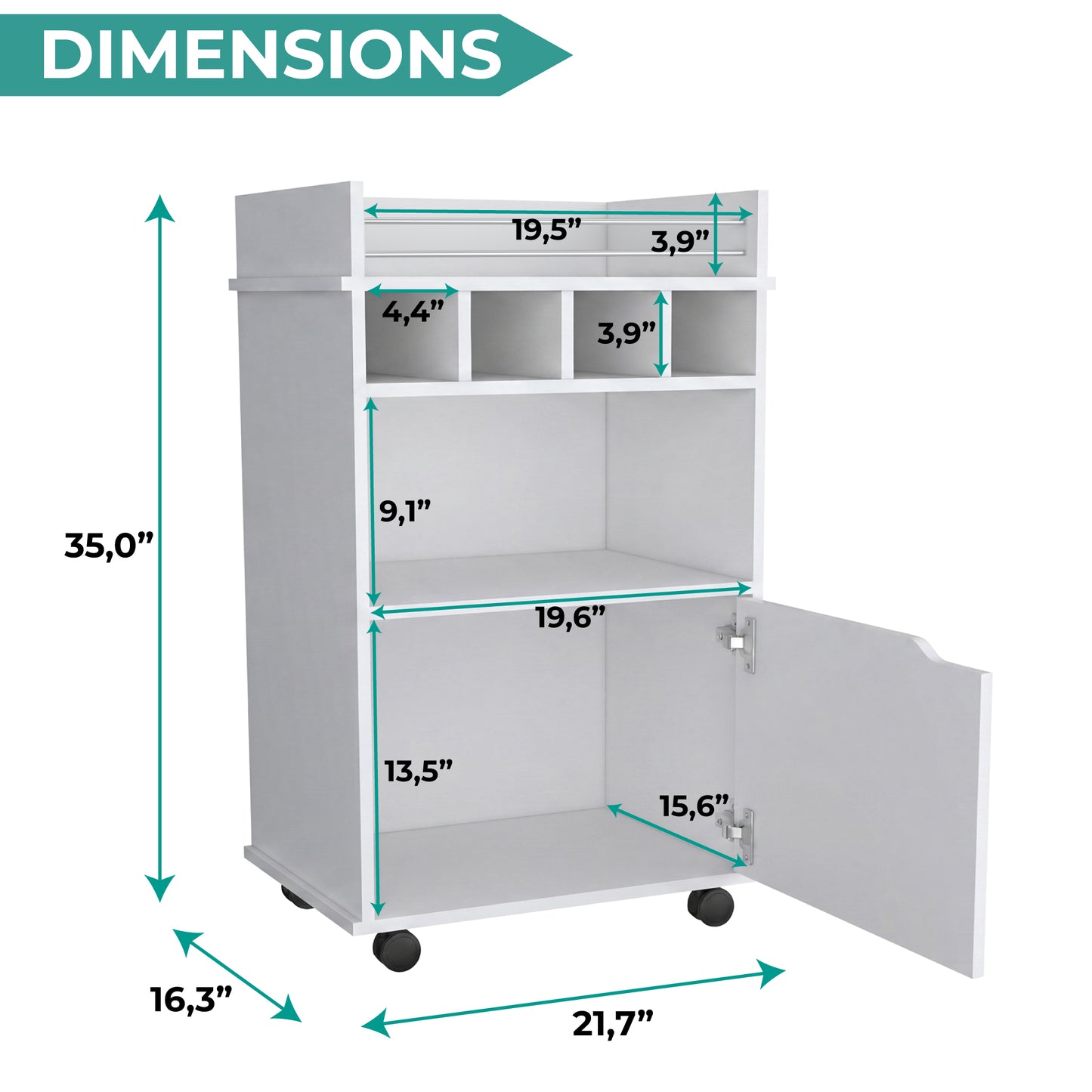 Phoenix Bar Cart with Two Open Shelves, Four Wine Cubbies and a Hinged-Door Storage Cabinet, Modern Mobile Serving Cart for Home Entertaining with Multi-Level Organization and Convenient Space-Saving Design