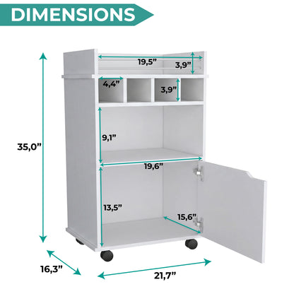 Phoenix Bar Cart with Two Open Shelves, Four Wine Cubbies and a Hinged-Door Storage Cabinet, Modern Mobile Serving Cart for Home Entertaining with Multi-Level Organization and Convenient Space-Saving Design