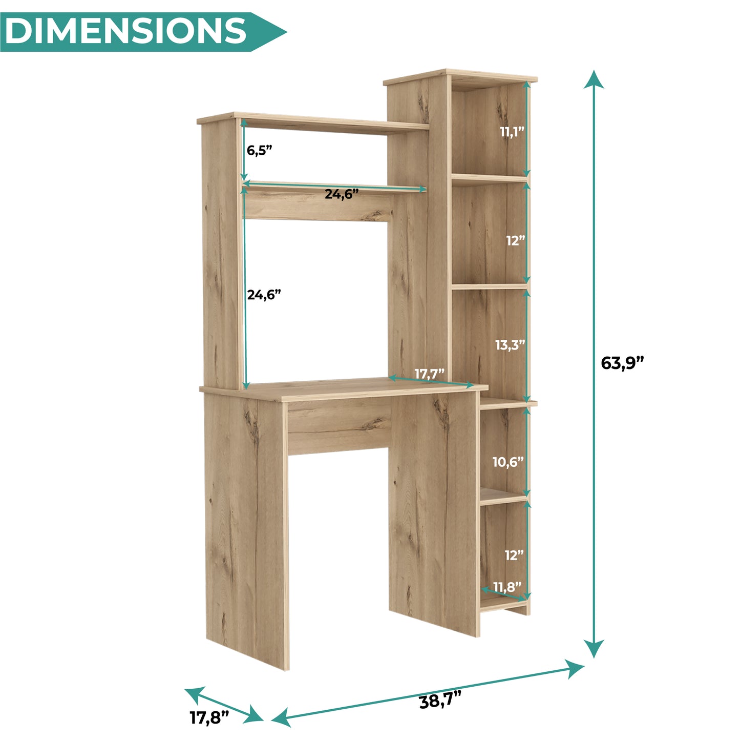Tuhome Versalles Writing Desk with Two Superior Shelves, Five Side Open Storage Compartments, Space-Saving Modern Workstation Design for Studios and Offices, Ideal for Organization, Books, Accessories and Daily Productivity