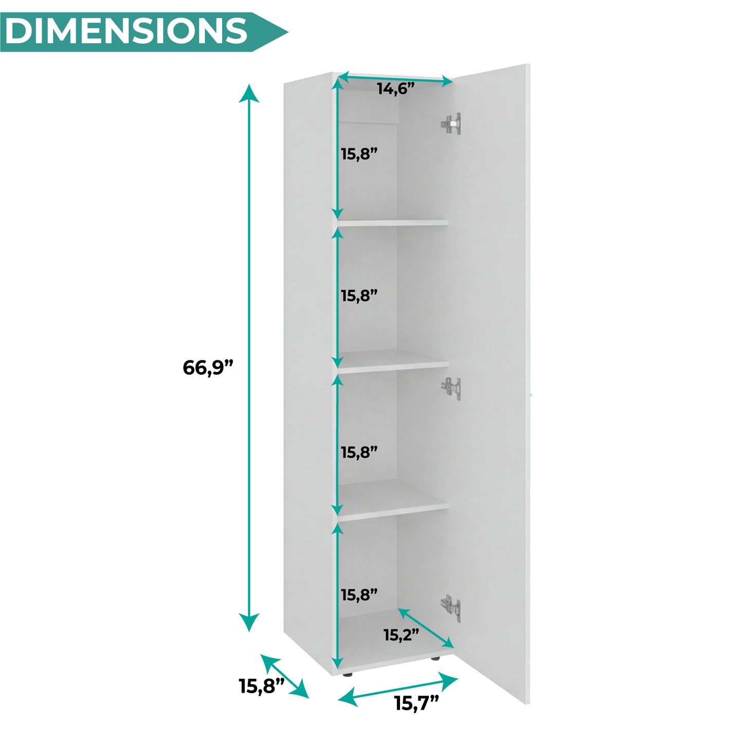 Home Linen Freestanding Tall Cabinet with Single Door and 4 Horizontal Storage Shelves, Cabinet for Bathroom, Bedroom or Laundry Room