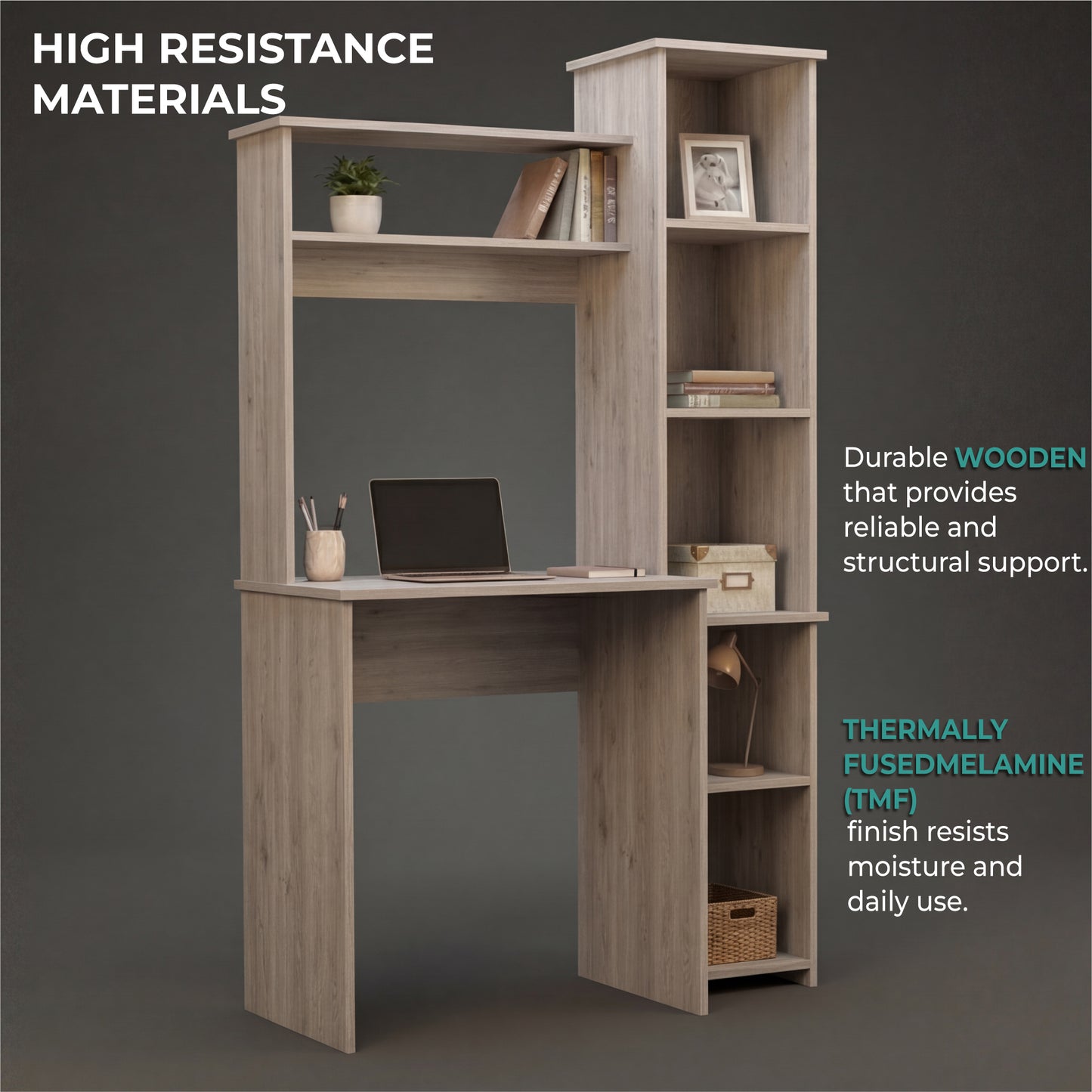 Tuhome Versalles Writing Desk with Two Superior Shelves, Five Side Open Storage Compartments, Space-Saving Modern Workstation Design for Studios and Offices, Ideal for Organization, Books, Accessories and Daily Productivity