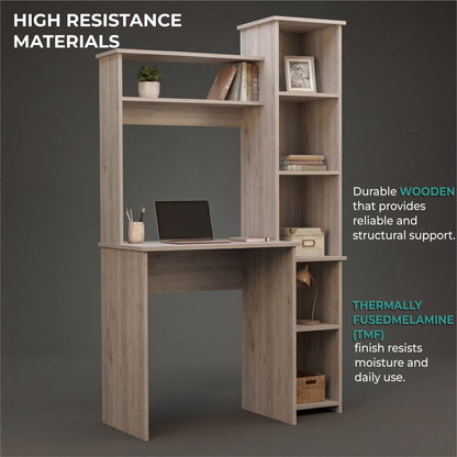 Tuhome Versalles Writing Desk with Two Superior Shelves, Five Side Open Storage Compartments, Space-Saving Modern Workstation Design for Studios and Offices, Ideal for Organization, Books, Accessories and Daily Productivity