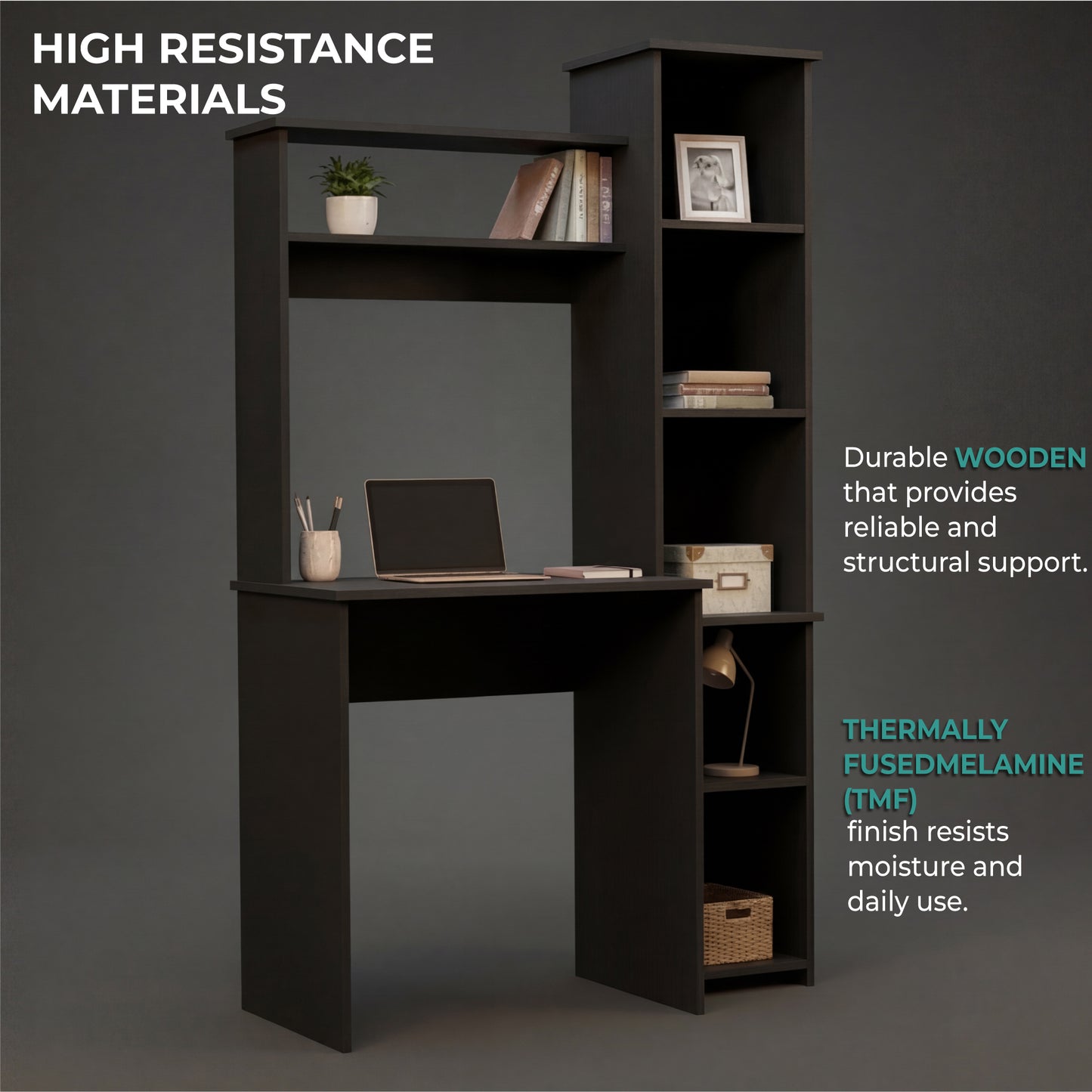 Tuhome Versalles Writing Desk with Two Superior Shelves, Five Side Open Storage Compartments, Space-Saving Modern Workstation Design for Studios and Offices, Ideal for Organization, Books, Accessories and Daily Productivity