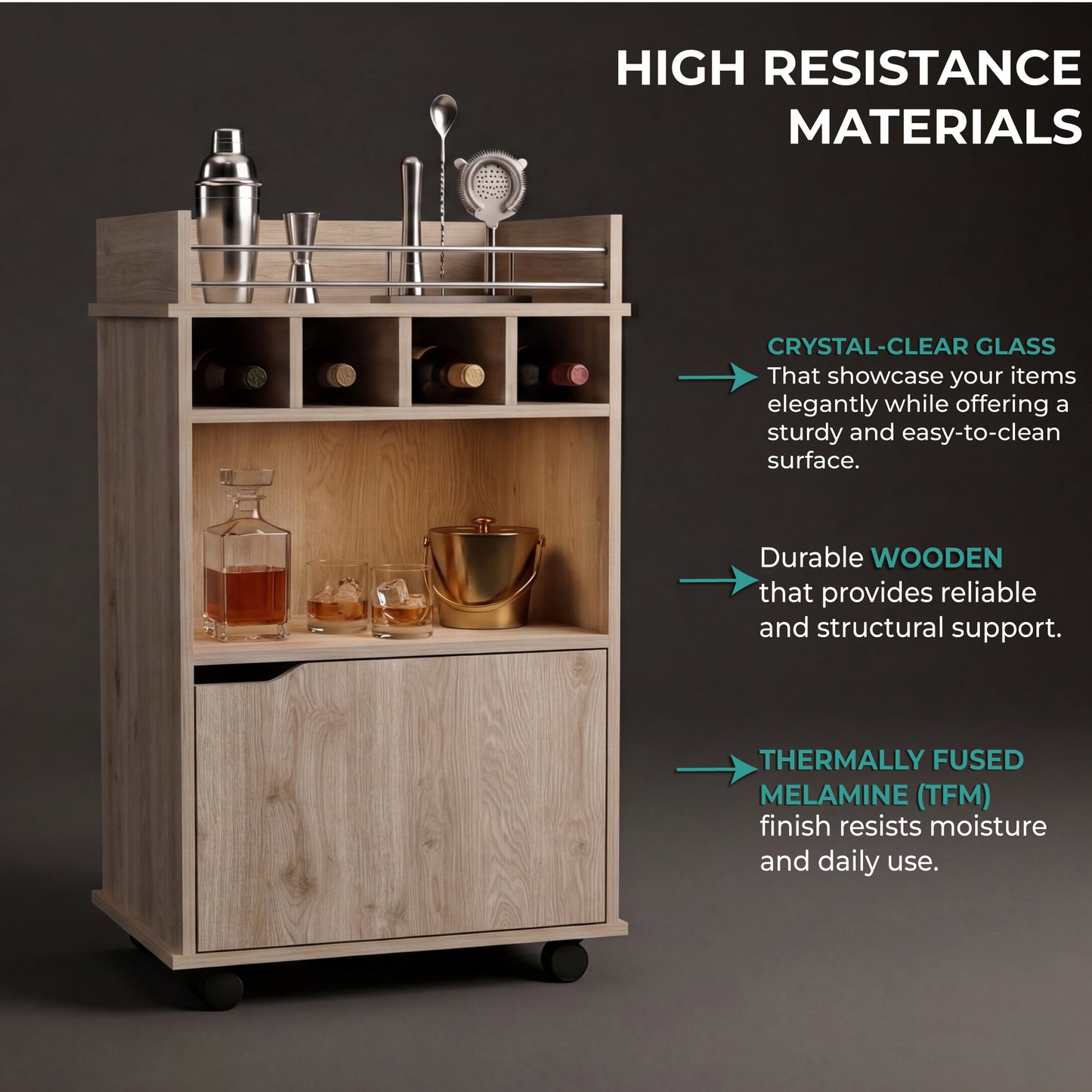 Phoenix Bar Cart with Two Open Shelves, Four Wine Cubbies and a Hinged-Door Storage Cabinet, Modern Mobile Serving Cart for Home Entertaining with Multi-Level Organization and Convenient Space-Saving Design