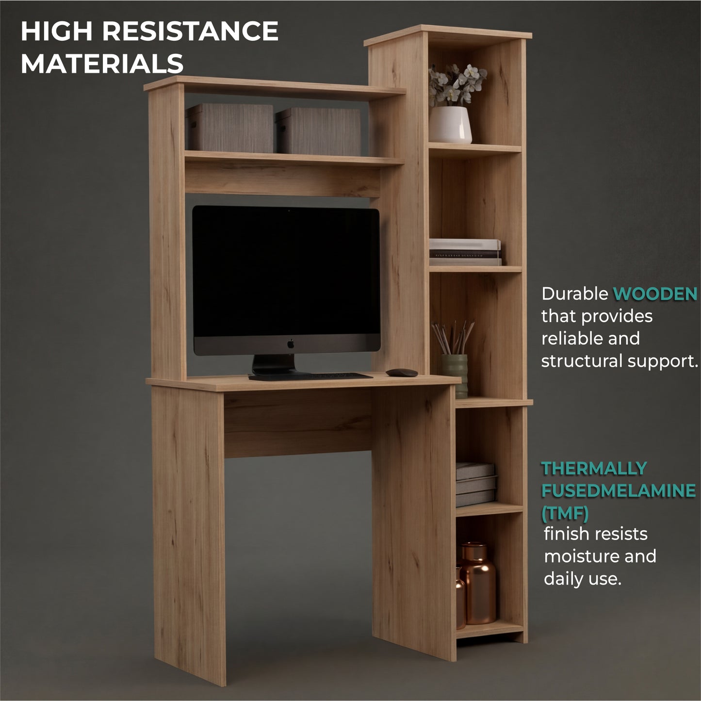 Tuhome Versalles Writing Desk with Two Superior Shelves, Five Side Open Storage Compartments, Space-Saving Modern Workstation Design for Studios and Offices, Ideal for Organization, Books, Accessories and Daily Productivity
