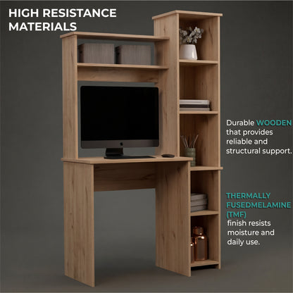 Tuhome Versalles Writing Desk with Two Superior Shelves, Five Side Open Storage Compartments, Space-Saving Modern Workstation Design for Studios and Offices, Ideal for Organization, Books, Accessories and Daily Productivity