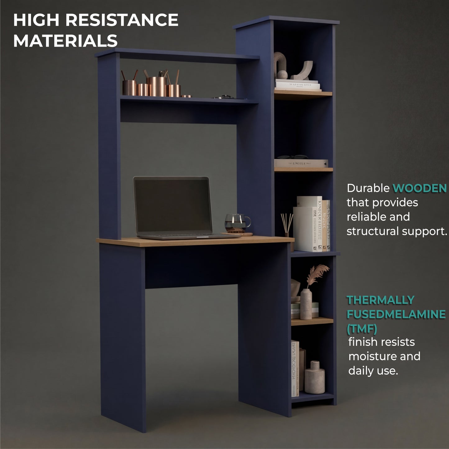 Tuhome Versalles Writing Desk with Two Superior Shelves, Five Side Open Storage Compartments, Space-Saving Modern Workstation Design for Studios and Offices, Ideal for Organization, Books, Accessories and Daily Productivity