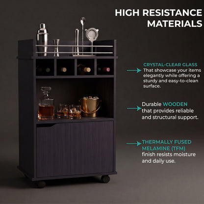 Phoenix Bar Cart with Two Open Shelves, Four Wine Cubbies and a Hinged-Door Storage Cabinet, Modern Mobile Serving Cart for Home Entertaining with Multi-Level Organization and Convenient Space-Saving Design