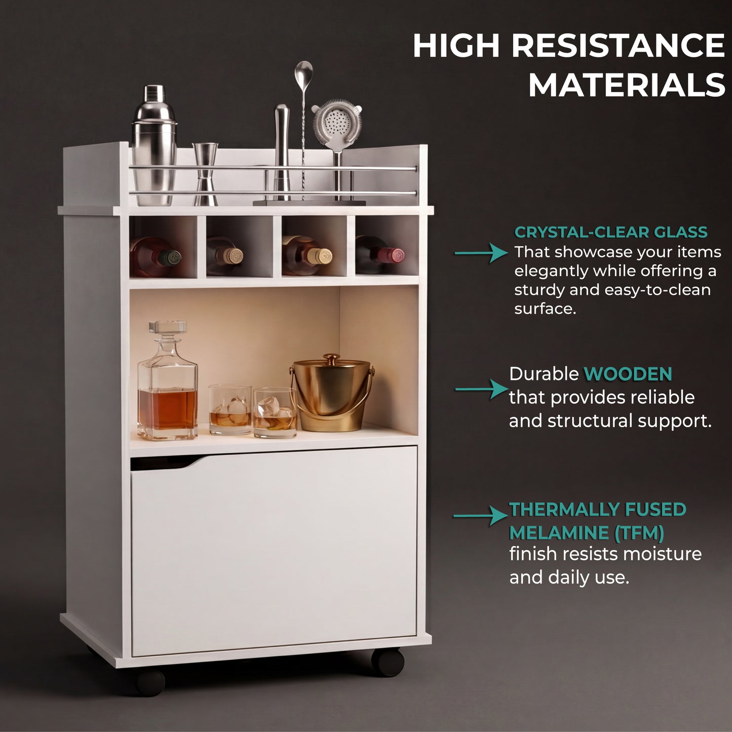 Phoenix Bar Cart with Two Open Shelves, Four Wine Cubbies and a Hinged-Door Storage Cabinet, Modern Mobile Serving Cart for Home Entertaining with Multi-Level Organization and Convenient Space-Saving Design