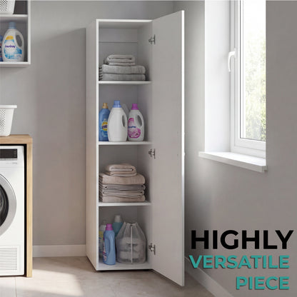 Home Linen Freestanding Tall Cabinet with Single Door and 4 Horizontal Storage Shelves, Cabinet for Bathroom, Bedroom or Laundry Room