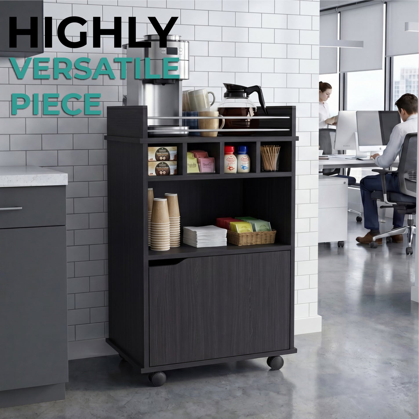 Phoenix Bar Cart with Two Open Shelves, Four Wine Cubbies and a Hinged-Door Storage Cabinet, Modern Mobile Serving Cart for Home Entertaining with Multi-Level Organization and Convenient Space-Saving Design