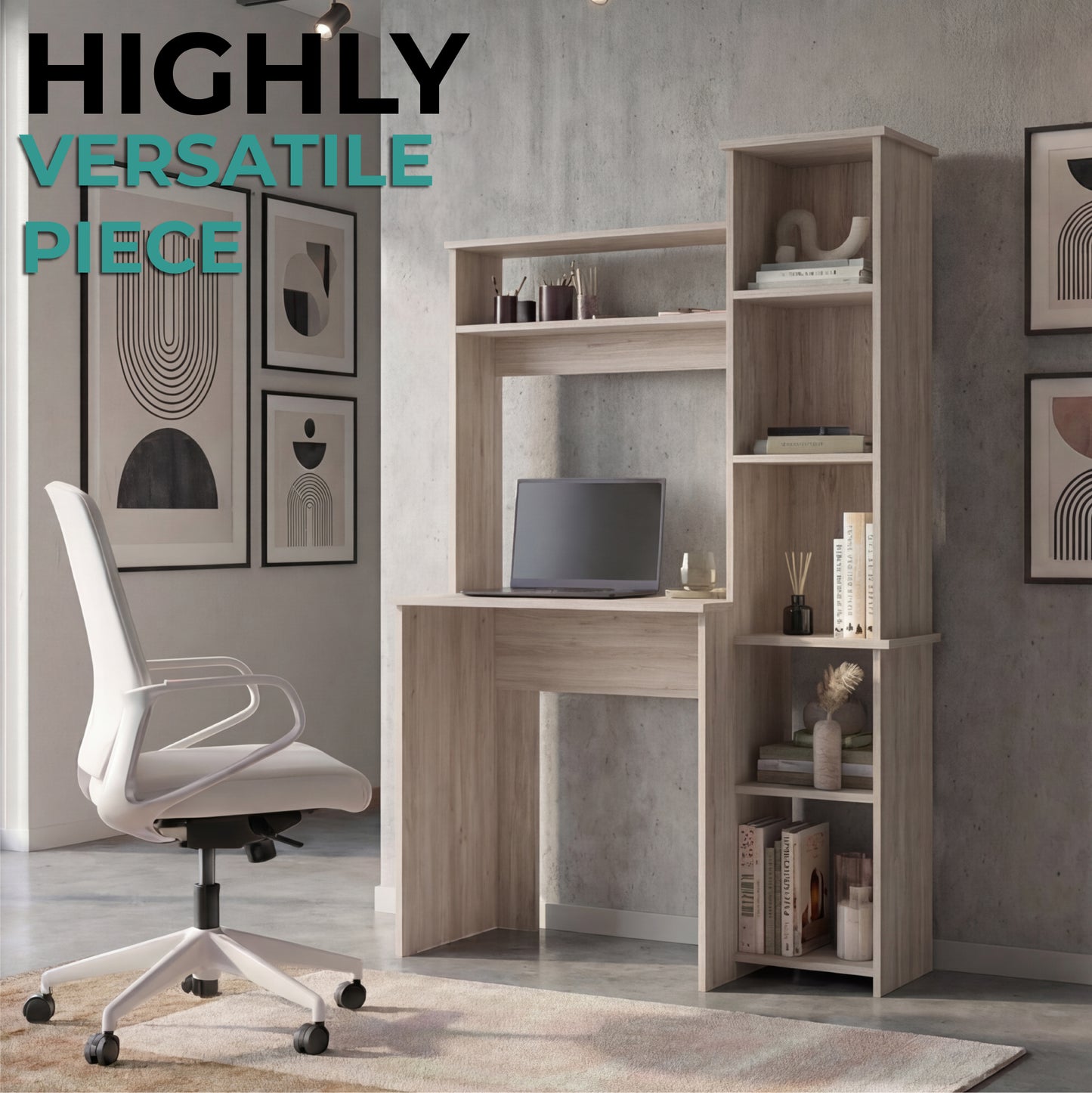 Tuhome Versalles Writing Desk with Two Superior Shelves, Five Side Open Storage Compartments, Space-Saving Modern Workstation Design for Studios and Offices, Ideal for Organization, Books, Accessories and Daily Productivity