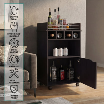 Phoenix Bar Cart with Two Open Shelves, Four Wine Cubbies and a Hinged-Door Storage Cabinet, Modern Mobile Serving Cart for Home Entertaining with Multi-Level Organization and Convenient Space-Saving Design